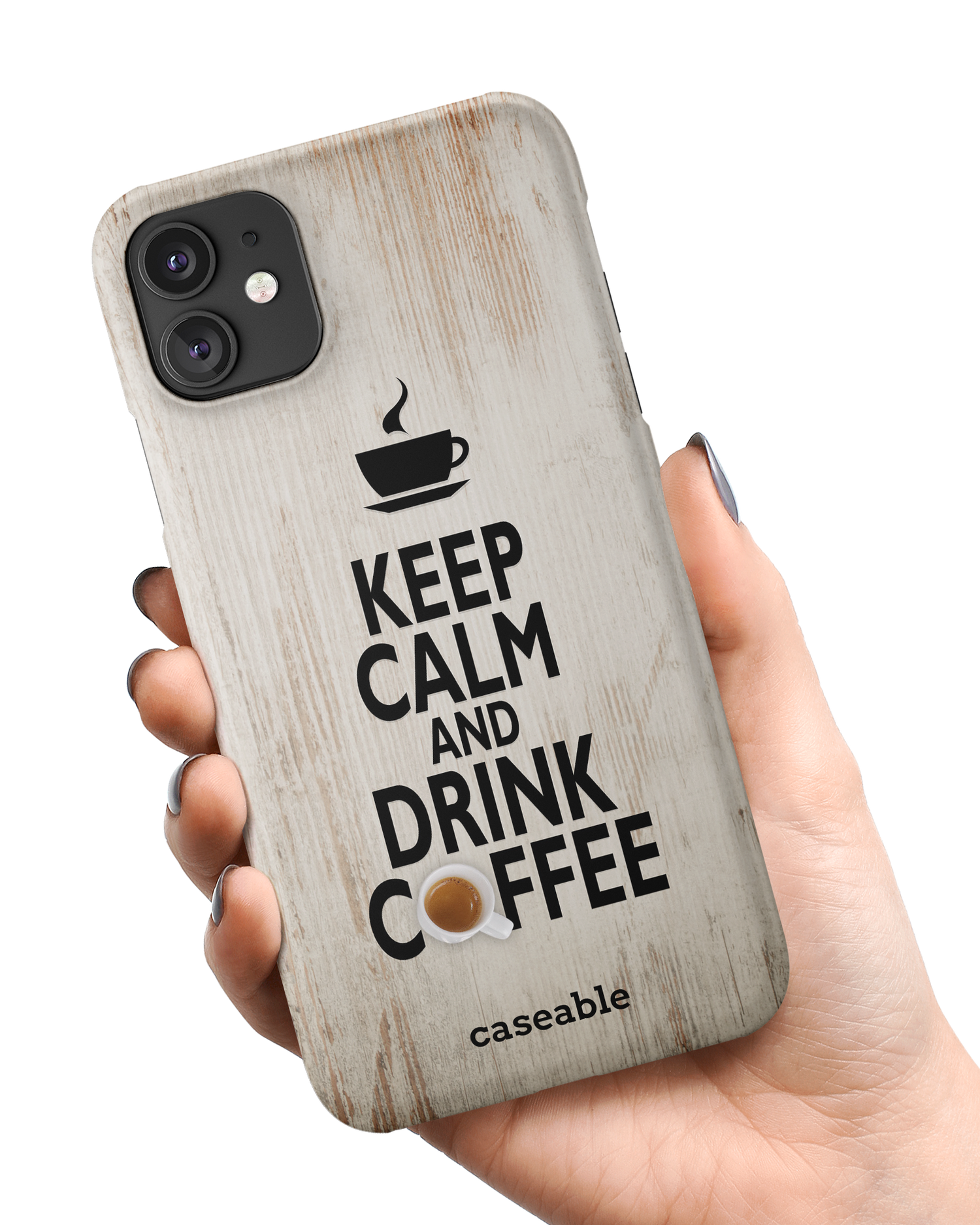 Drink Coffee Hard Shell Phone Case Apple iPhone 11 held in hand