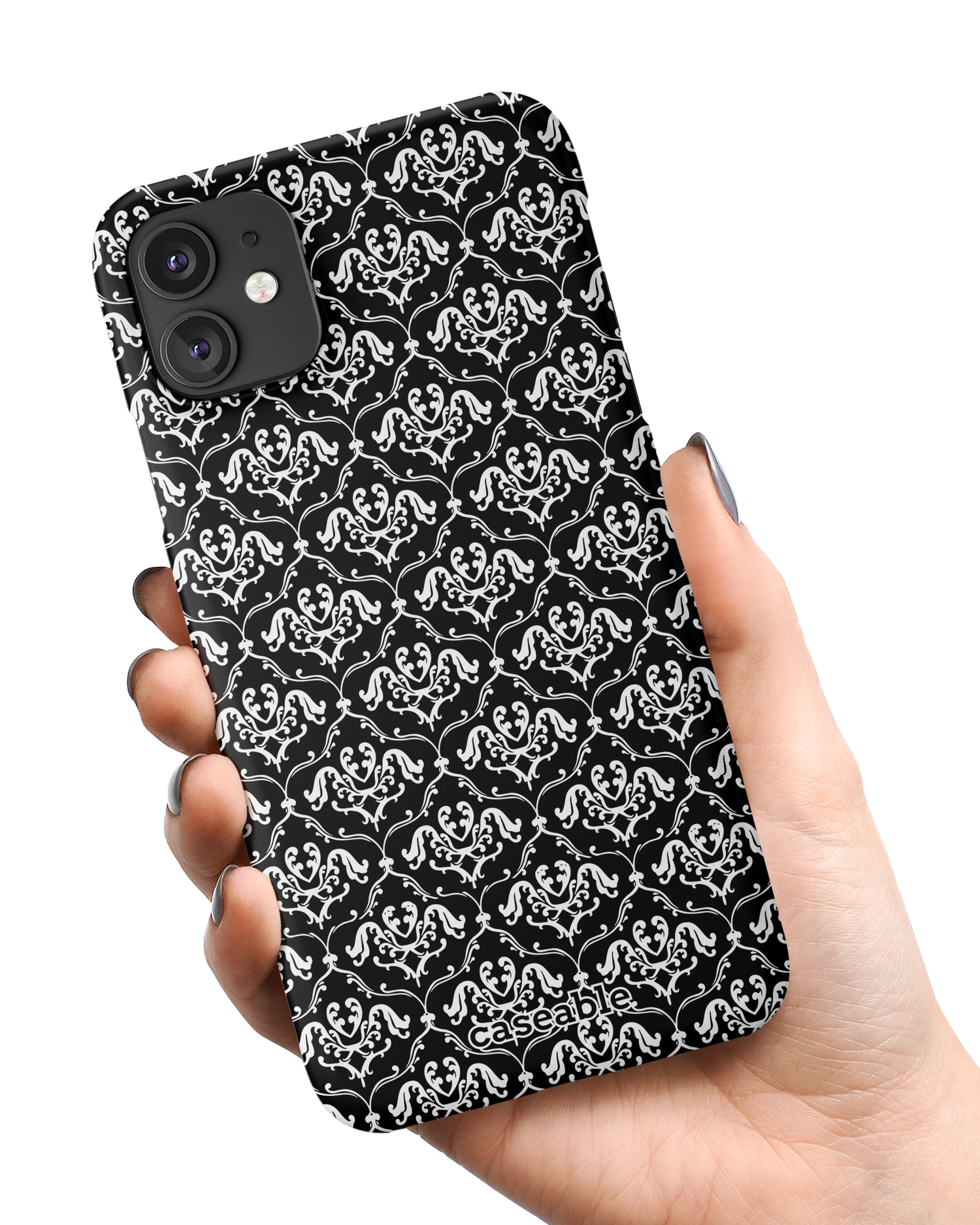Black French Lillies Hard Shell Phone Case Apple iPhone 11 held in hand