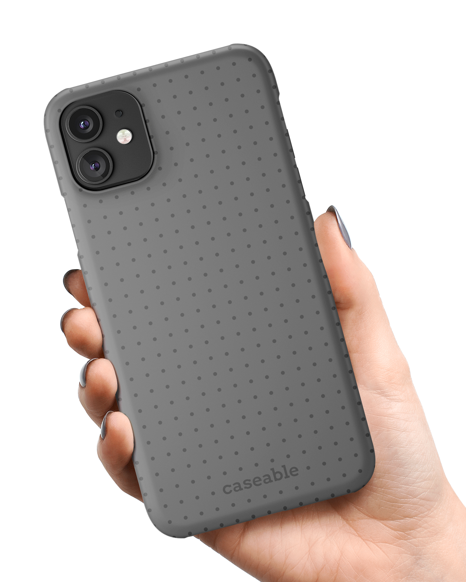 Dot Grid Grey Hard Shell Phone Case Apple iPhone 11 held in hand