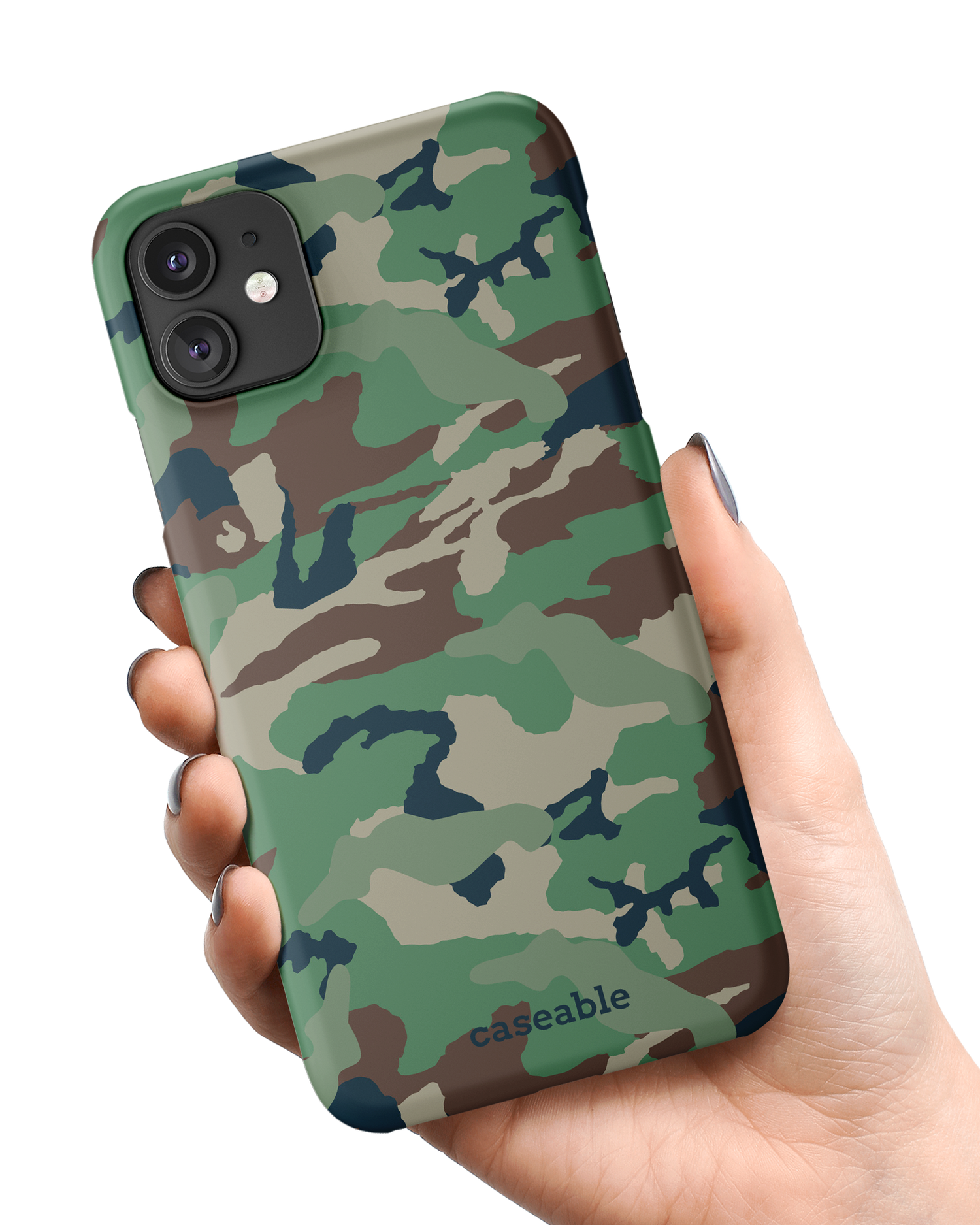Green and Brown Camo Hard Shell Phone Case Apple iPhone 11 held in hand