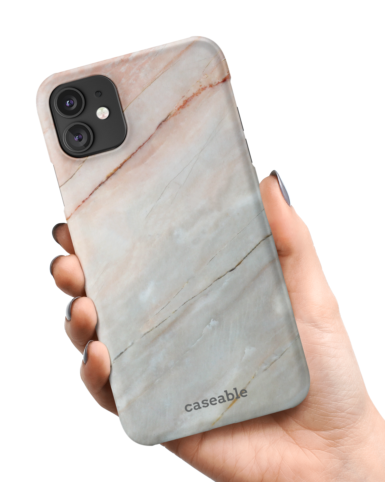 Mother of Pearl Marble Hard Shell Phone Case Apple iPhone 11 held in hand