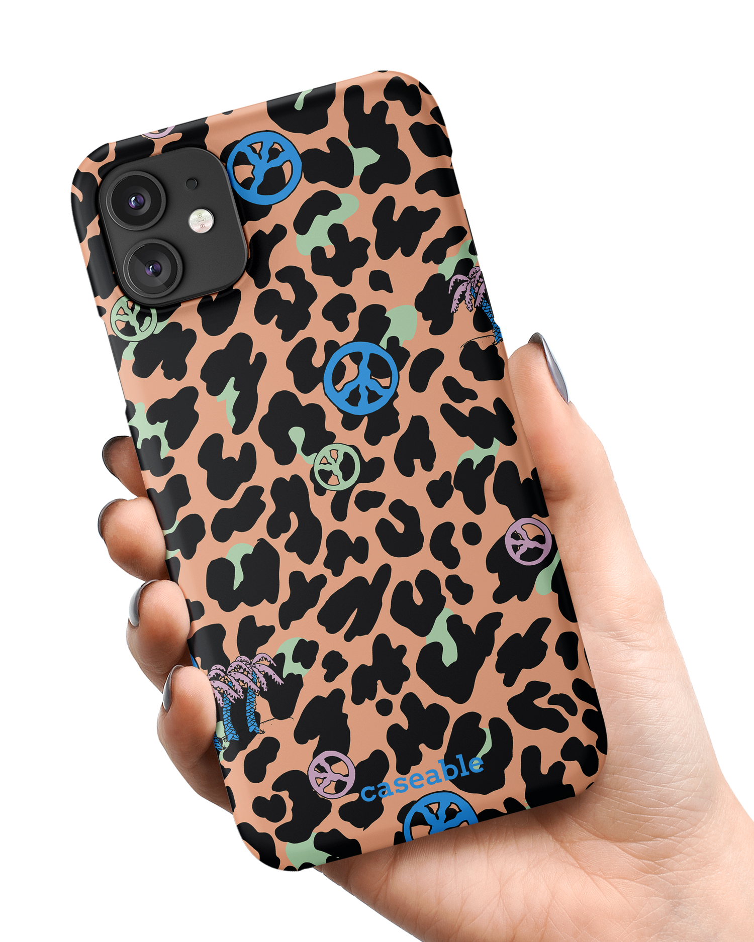 Leopard Peace Palms Hard Shell Phone Case Apple iPhone 11 held in hand