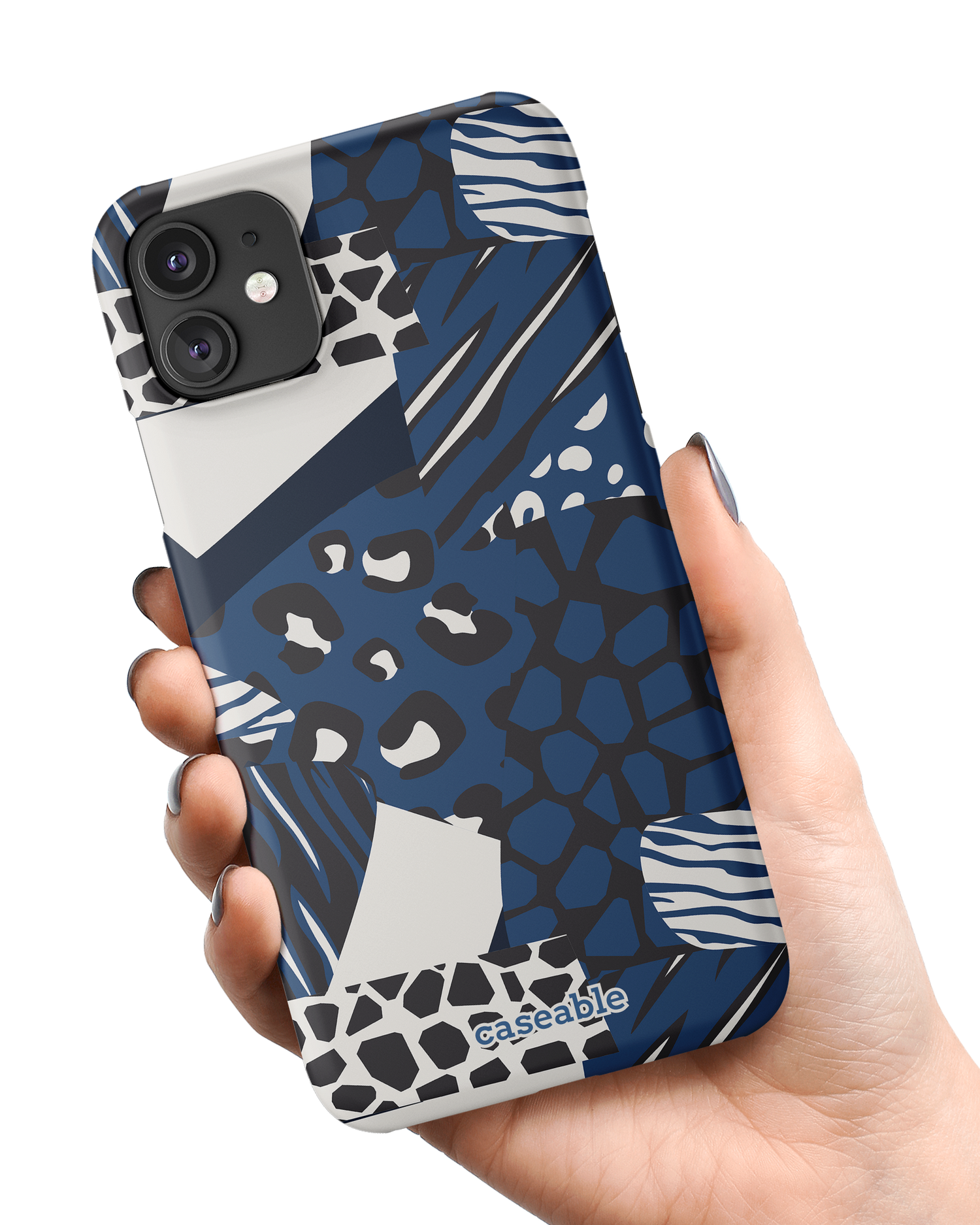 Animal Print Patchwork Hard Shell Phone Case Apple iPhone 11 held in hand