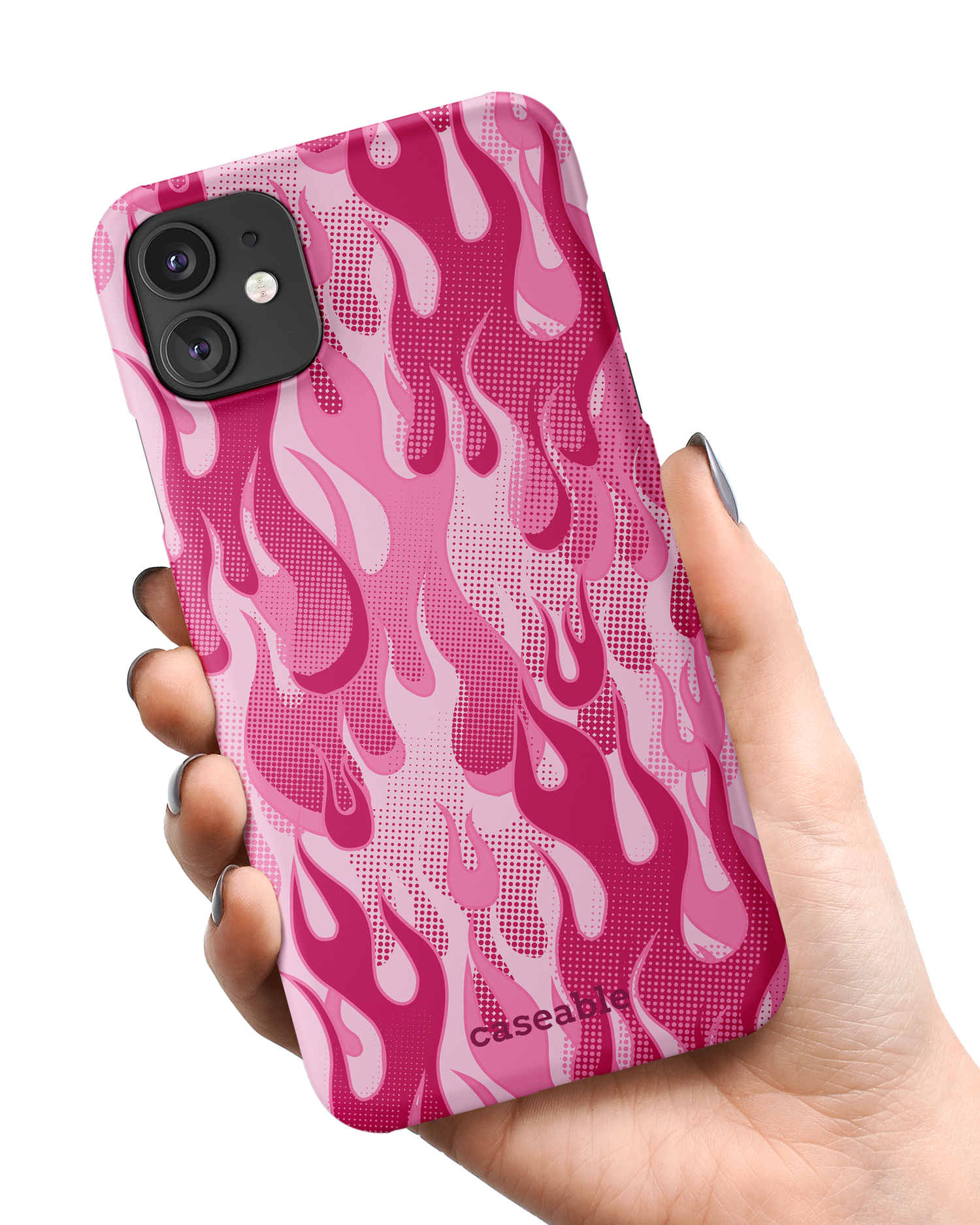 Pink Flames Hard Shell Phone Case Apple iPhone 11 held in hand