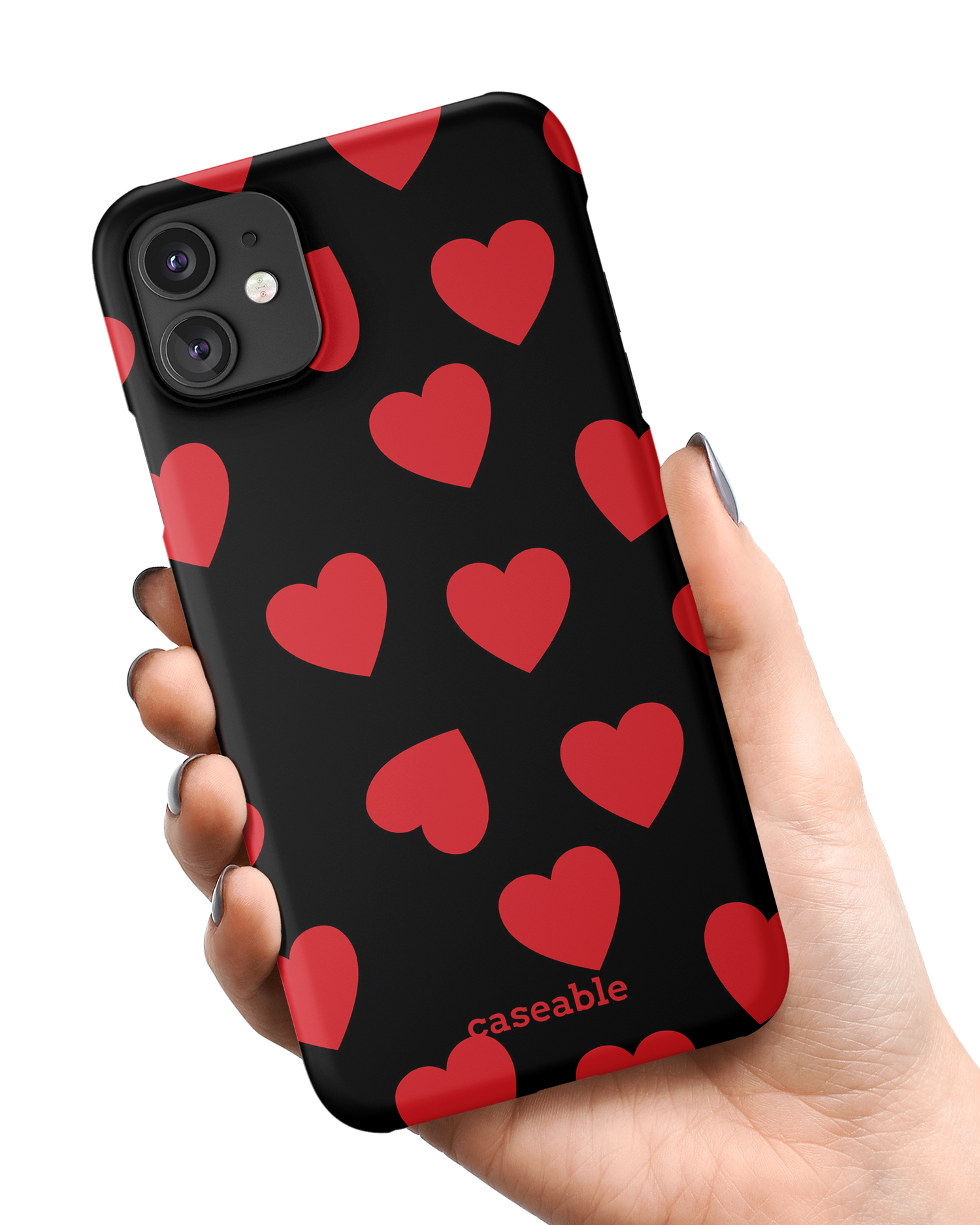 Repeating Hearts Hard Shell Phone Case Apple iPhone 11 held in hand