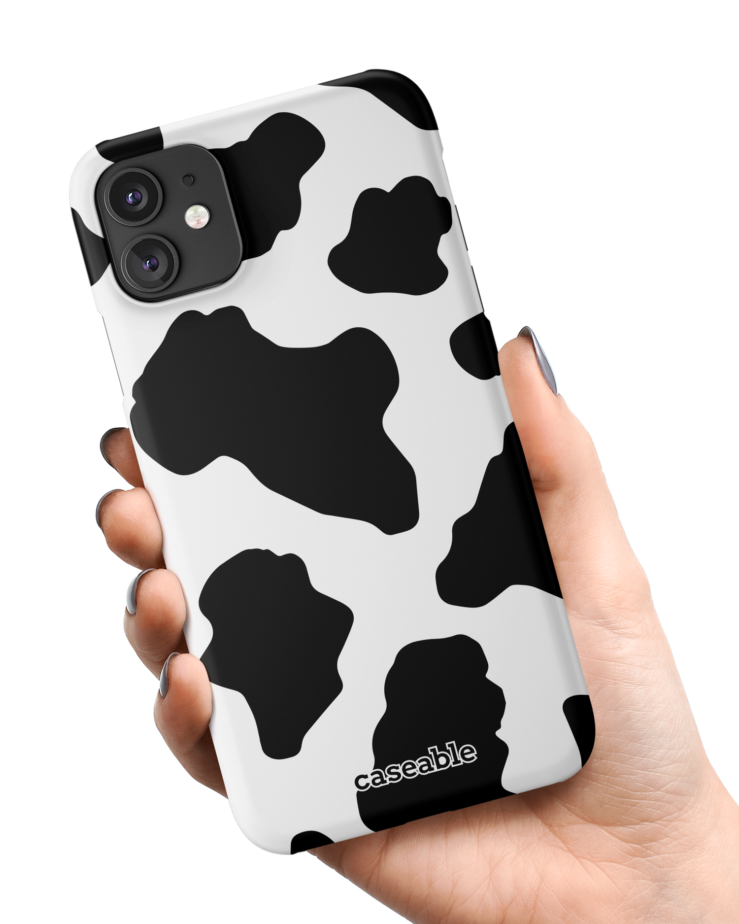 Cow Print 2 Hard Shell Phone Case Apple iPhone 11 held in hand