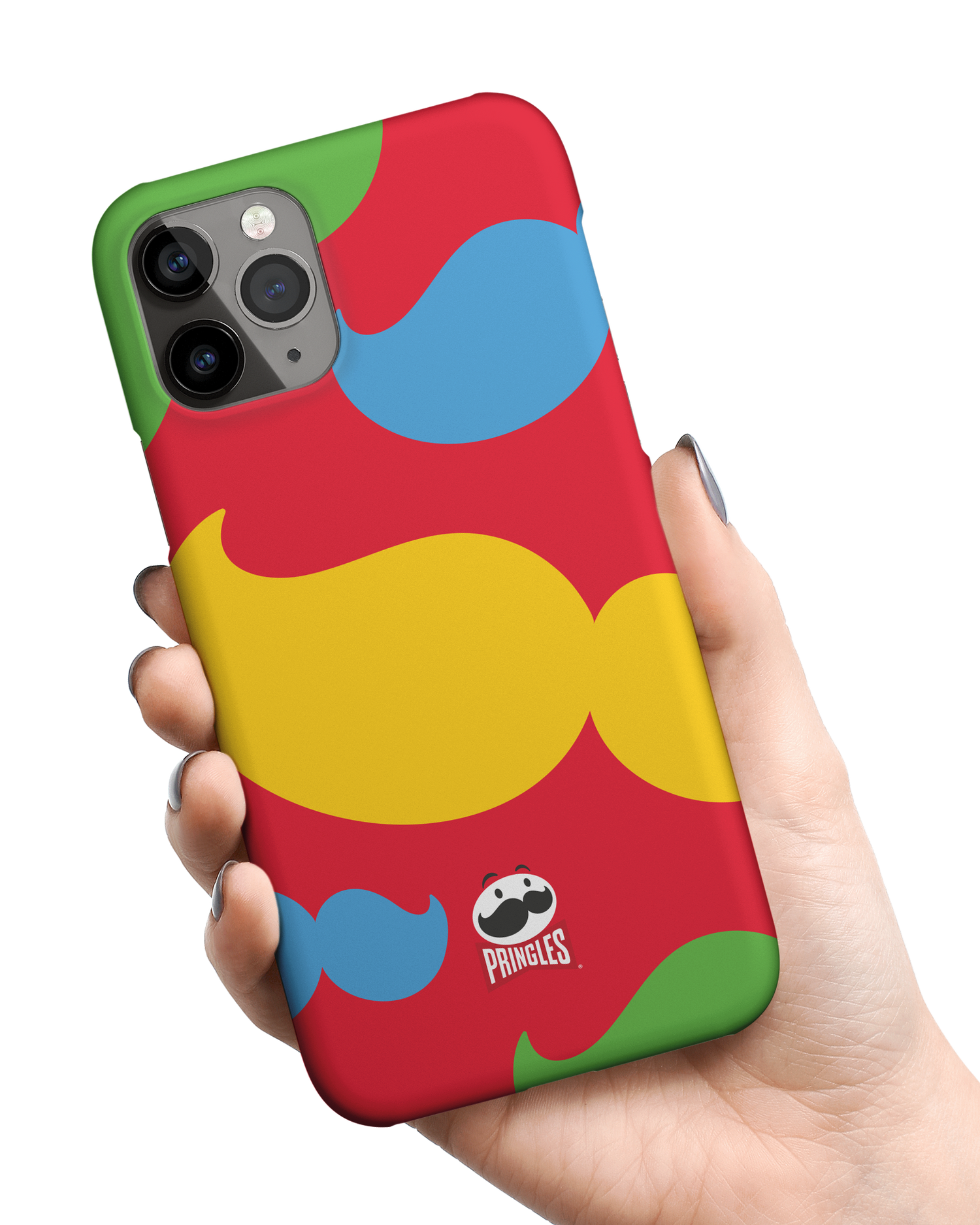 Pringles Moustache Hard Shell Phone Case Apple iPhone 11 Pro Max held in hand