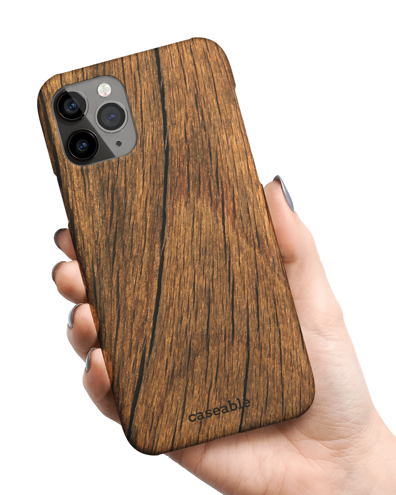 Wood Hard Shell Phone Case Apple iPhone 11 Pro Max held in hand