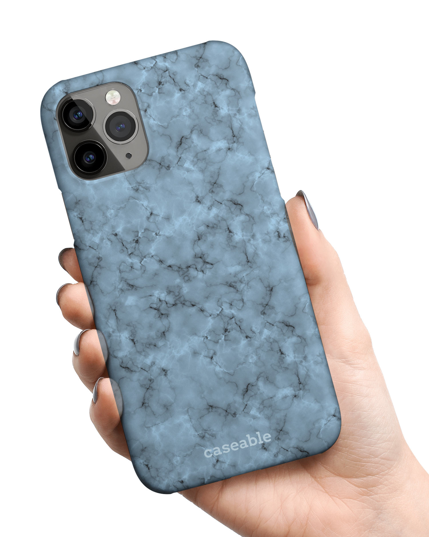 Blue Marble Hard Shell Phone Case Apple iPhone 11 Pro Max held in hand
