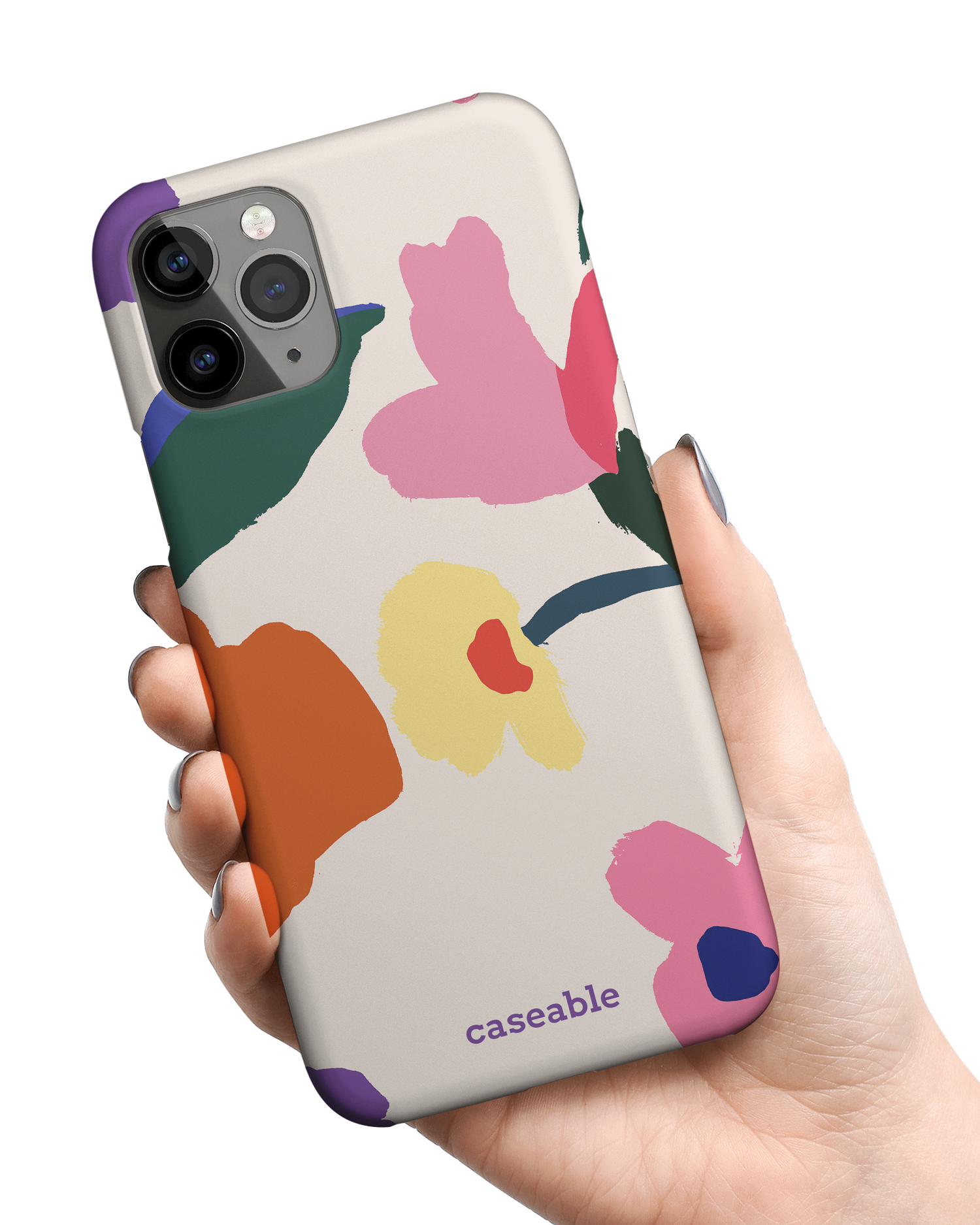Handpainted Blooms Hard Shell Phone Case Apple iPhone 11 Pro Max held in hand