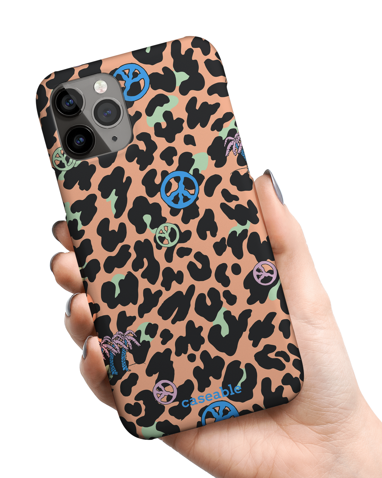 Leopard Peace Palms Hard Shell Phone Case Apple iPhone 11 Pro Max held in hand