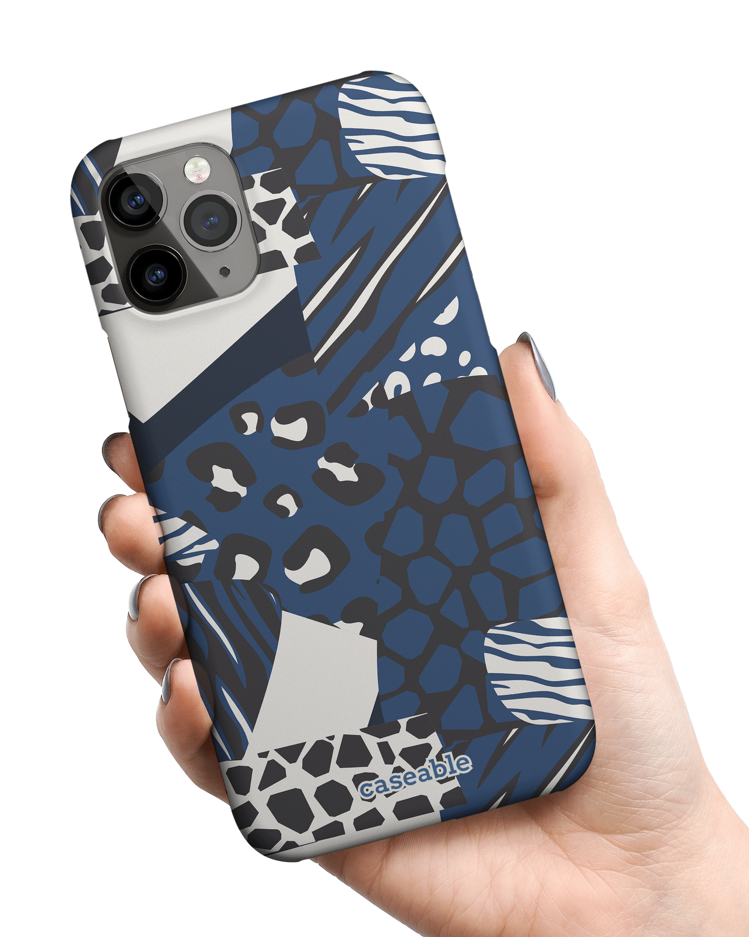 Animal Print Patchwork Hard Shell Phone Case Apple iPhone 11 Pro Max held in hand