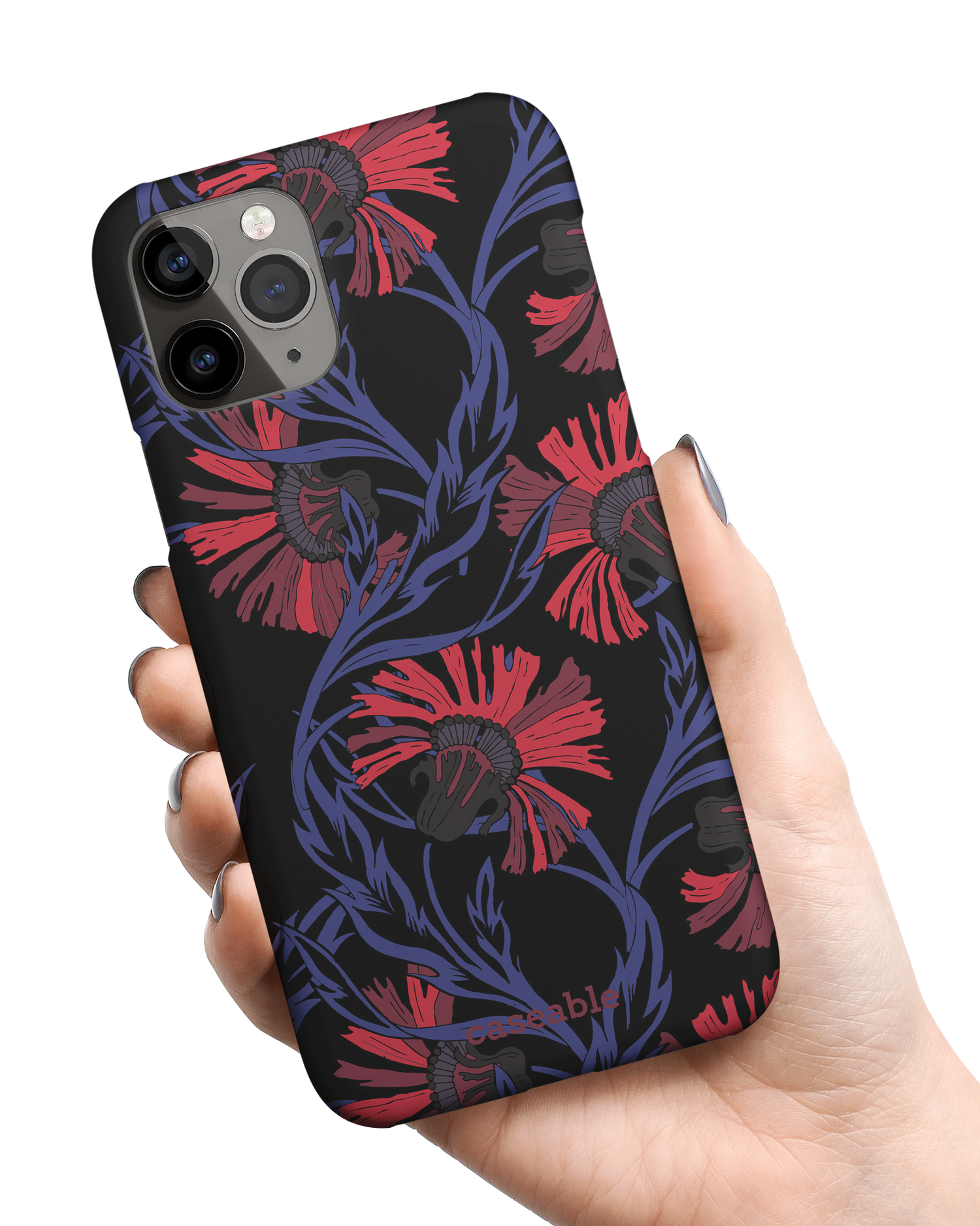 Midnight Floral Hard Shell Phone Case Apple iPhone 11 Pro Max held in hand