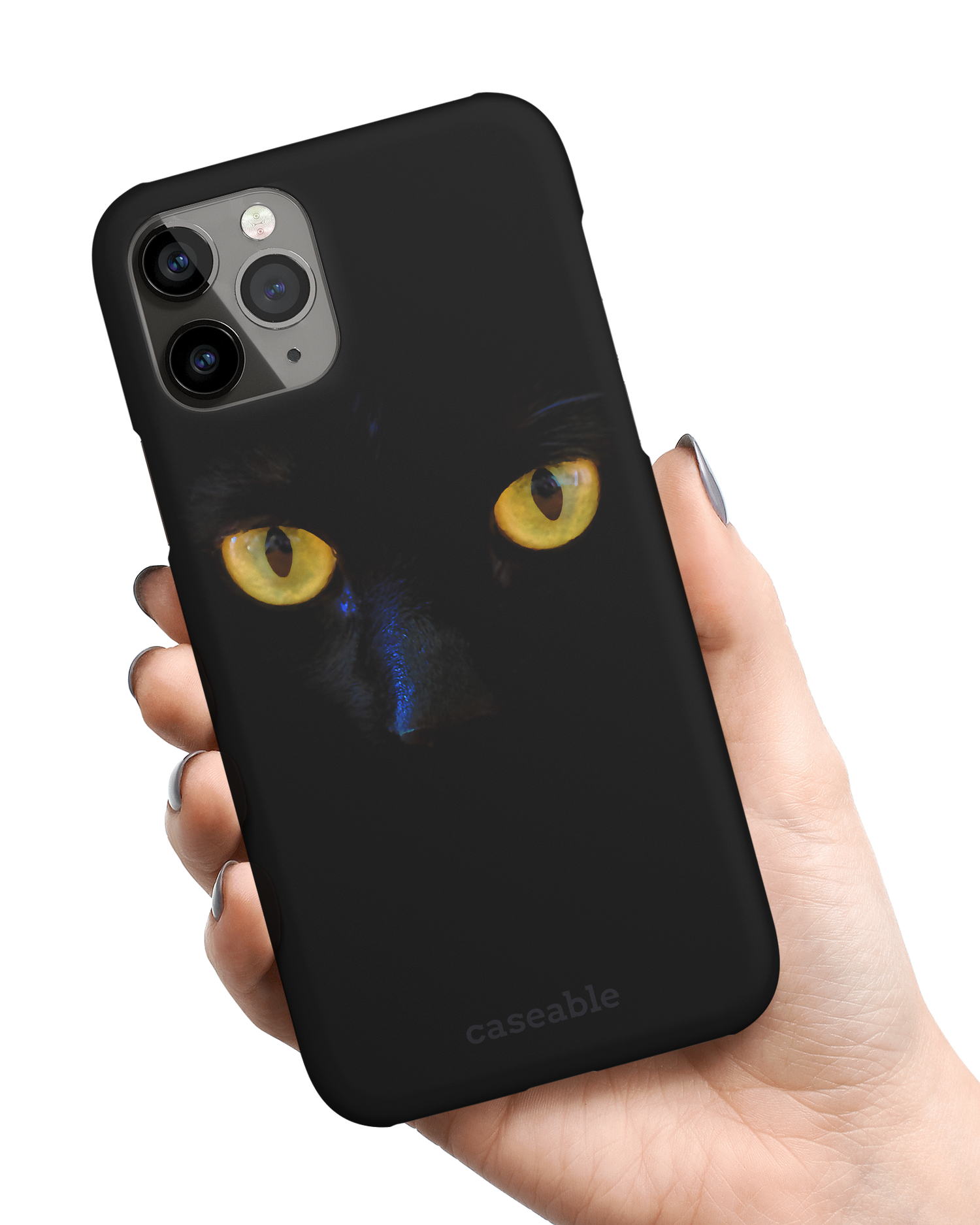 Black Cat Hard Shell Phone Case Apple iPhone 11 Pro Max held in hand
