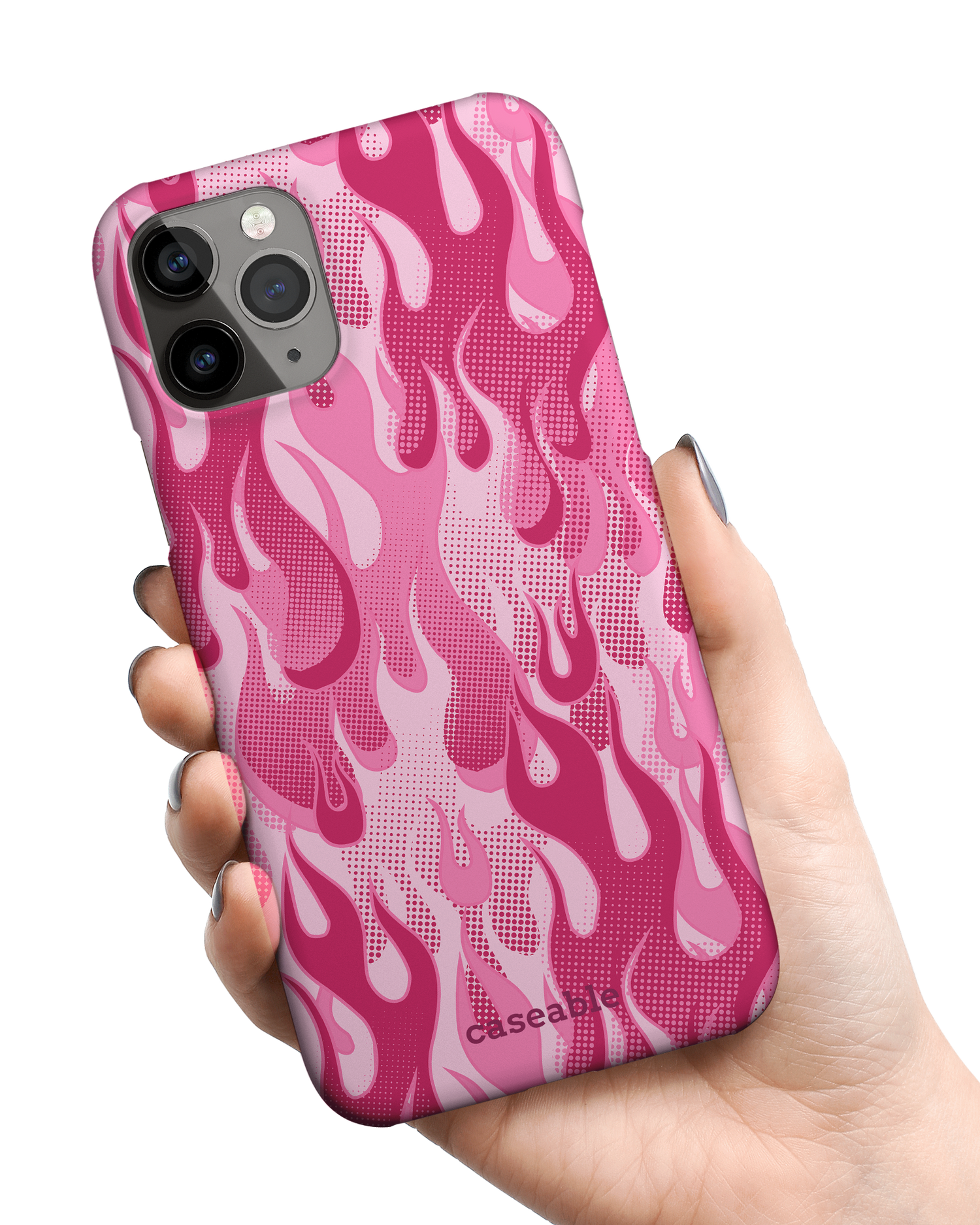 Pink Flames Hard Shell Phone Case Apple iPhone 11 Pro Max held in hand