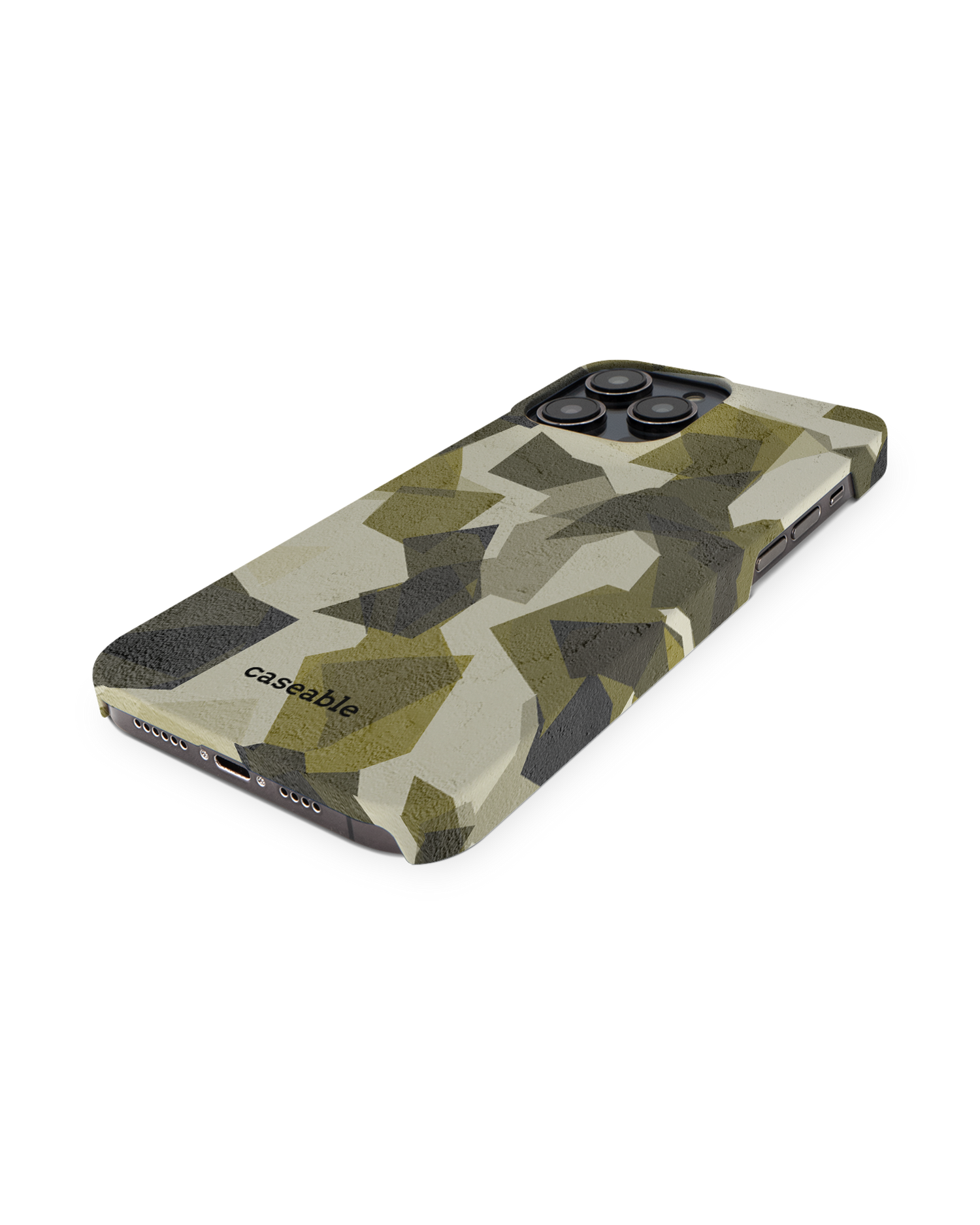 Geometric Camo Green Hard Shell Phone Case for Apple iPhone 14 Pro Max: Perspective view