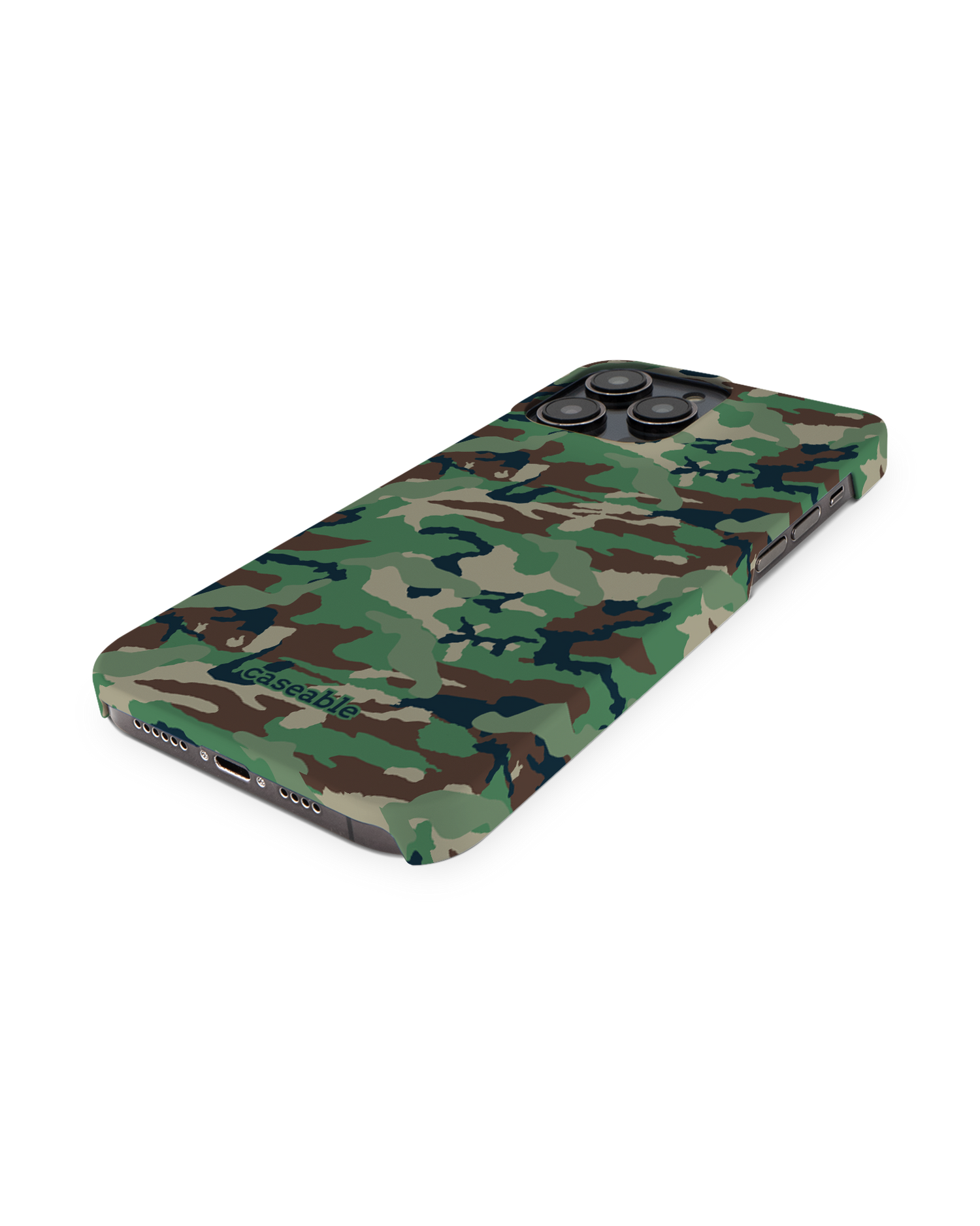 Green and Brown Camo Hard Shell Phone Case for Apple iPhone 14 Pro Max: Perspective view