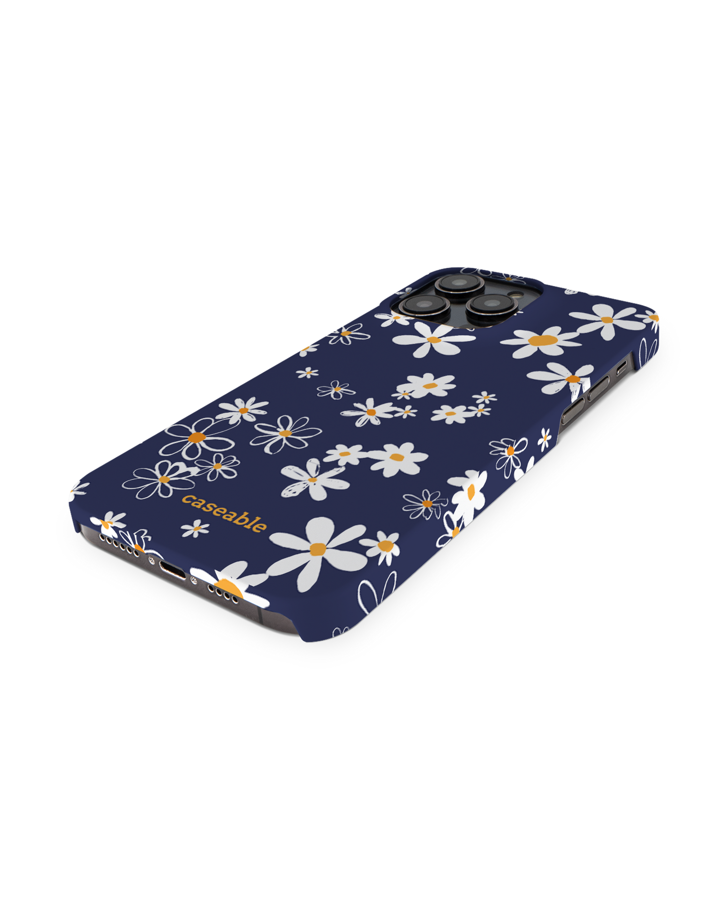 Navy Daisies Hard Shell Phone Case for Apple iPhone 14 Pro Max: Perspective view