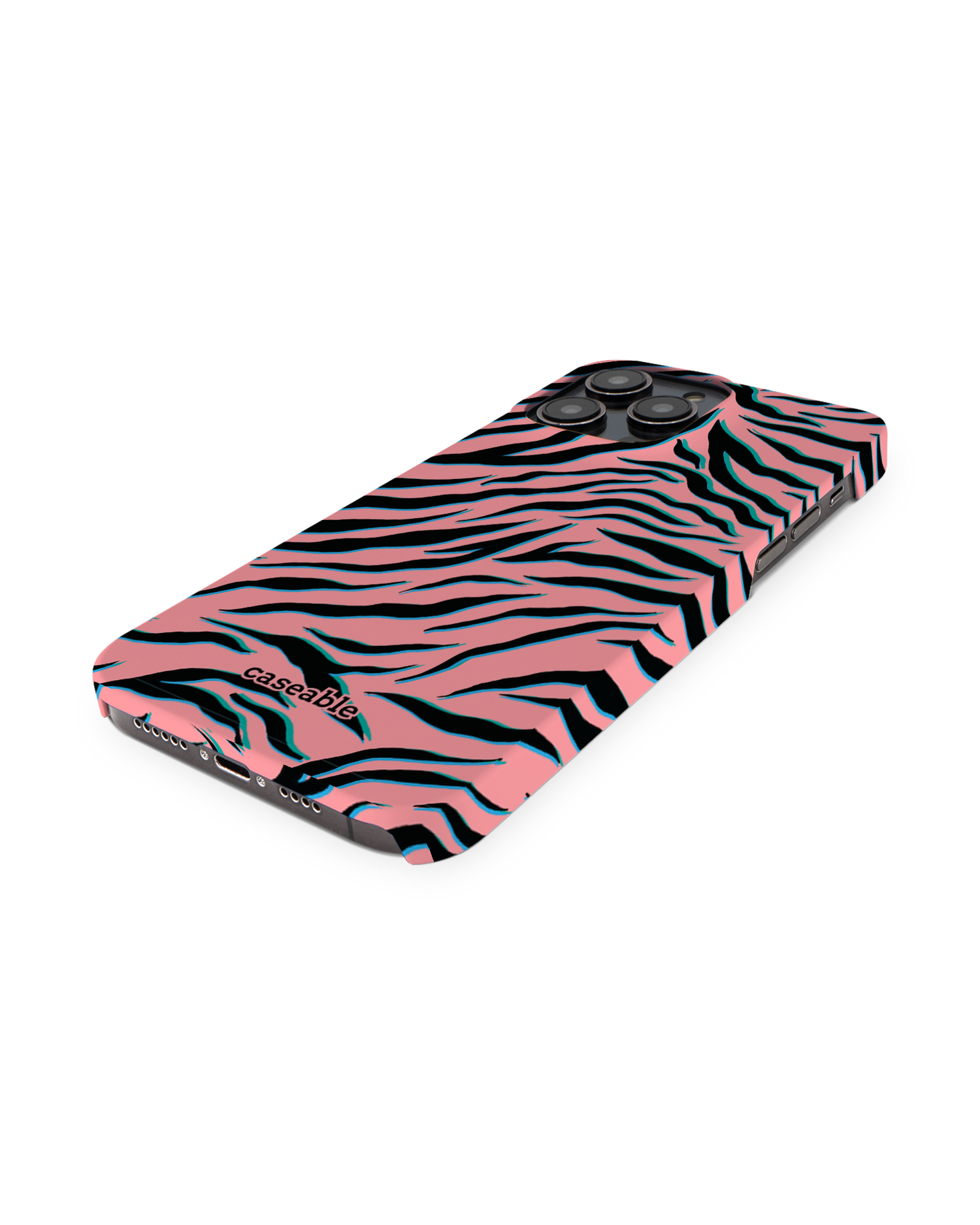 Pink Zebra Hard Shell Phone Case for Apple iPhone 14 Pro Max: Perspective view