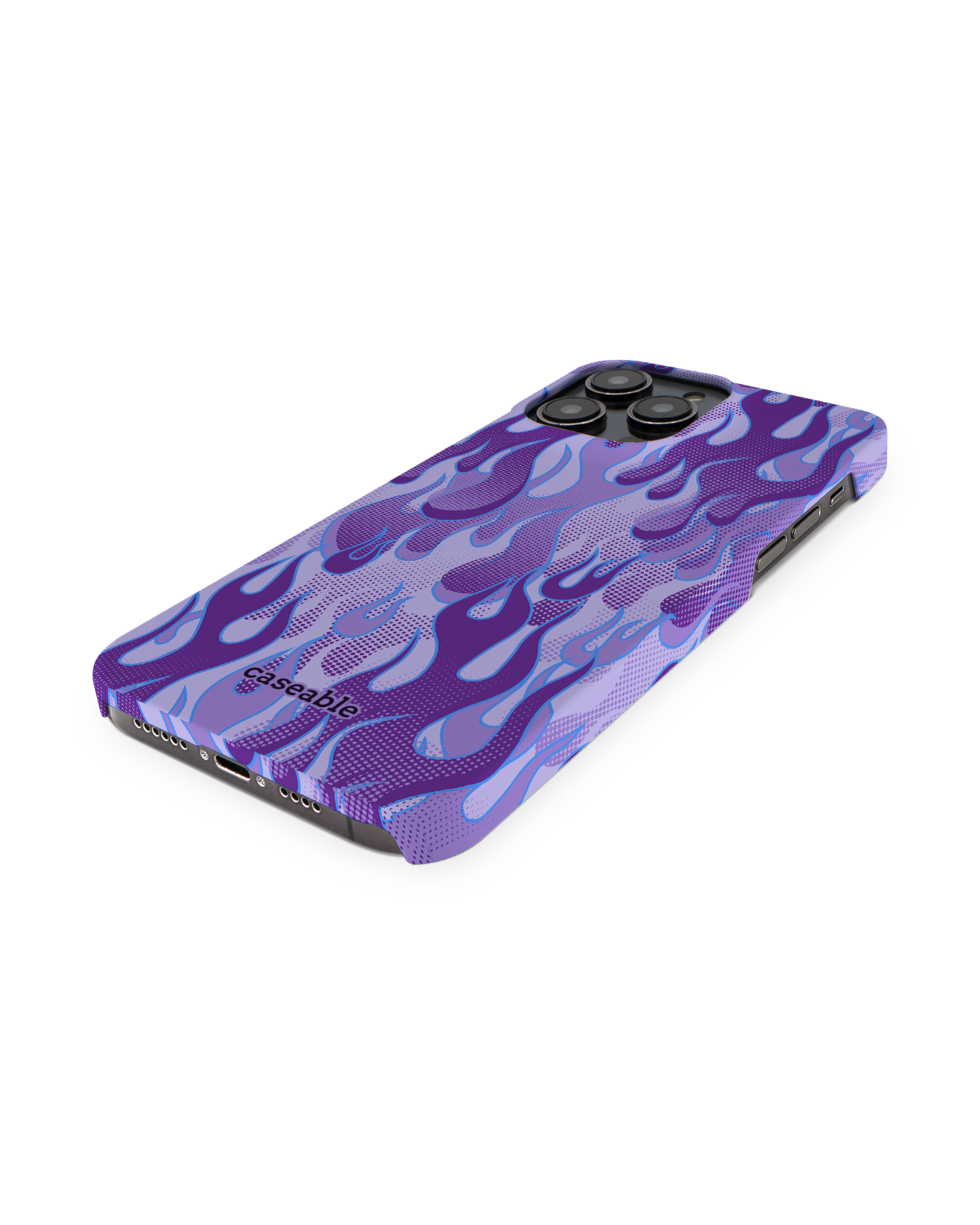 Purple Flames Hard Shell Phone Case for Apple iPhone 14 Pro Max: Perspective view