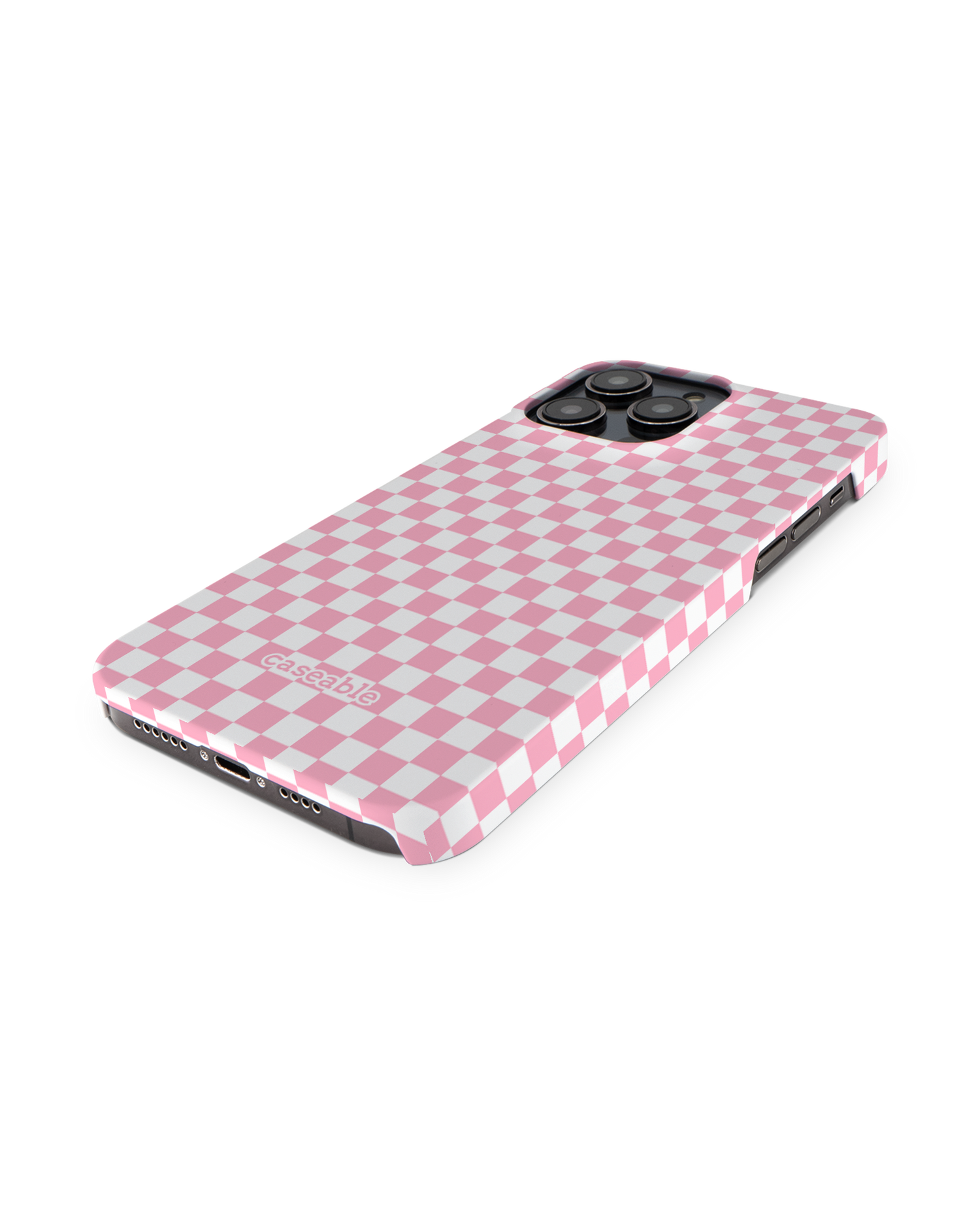 Pink Checkerboard Hard Shell Phone Case for Apple iPhone 14 Pro Max: Perspective view