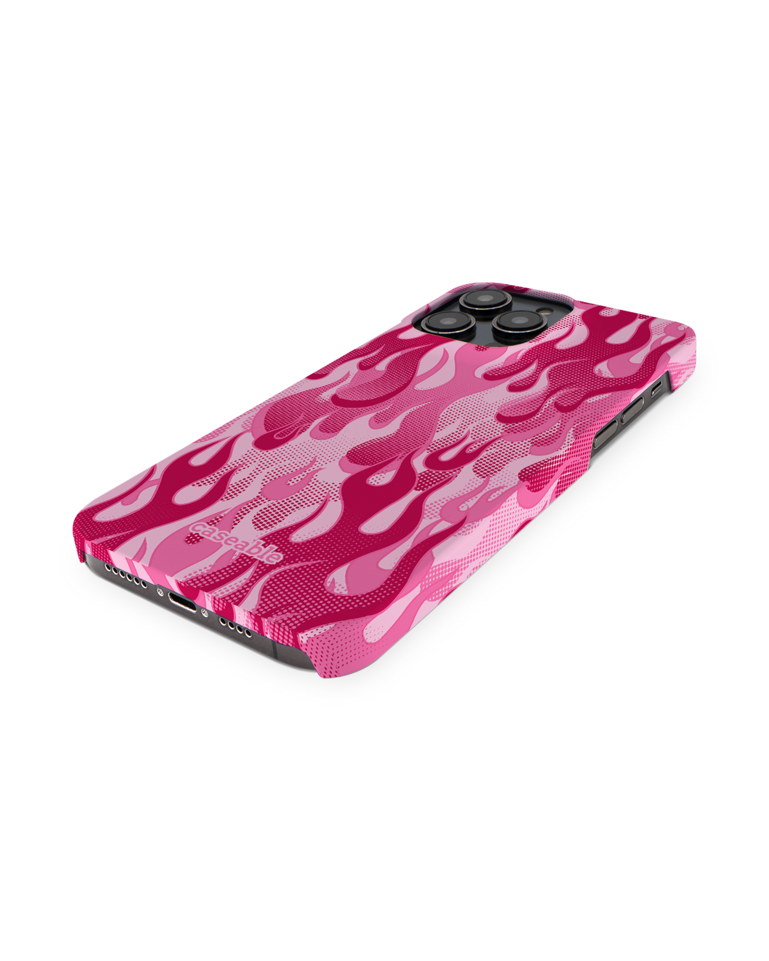 Pink Flames Hard Shell Phone Case for Apple iPhone 14 Pro Max: Perspective view
