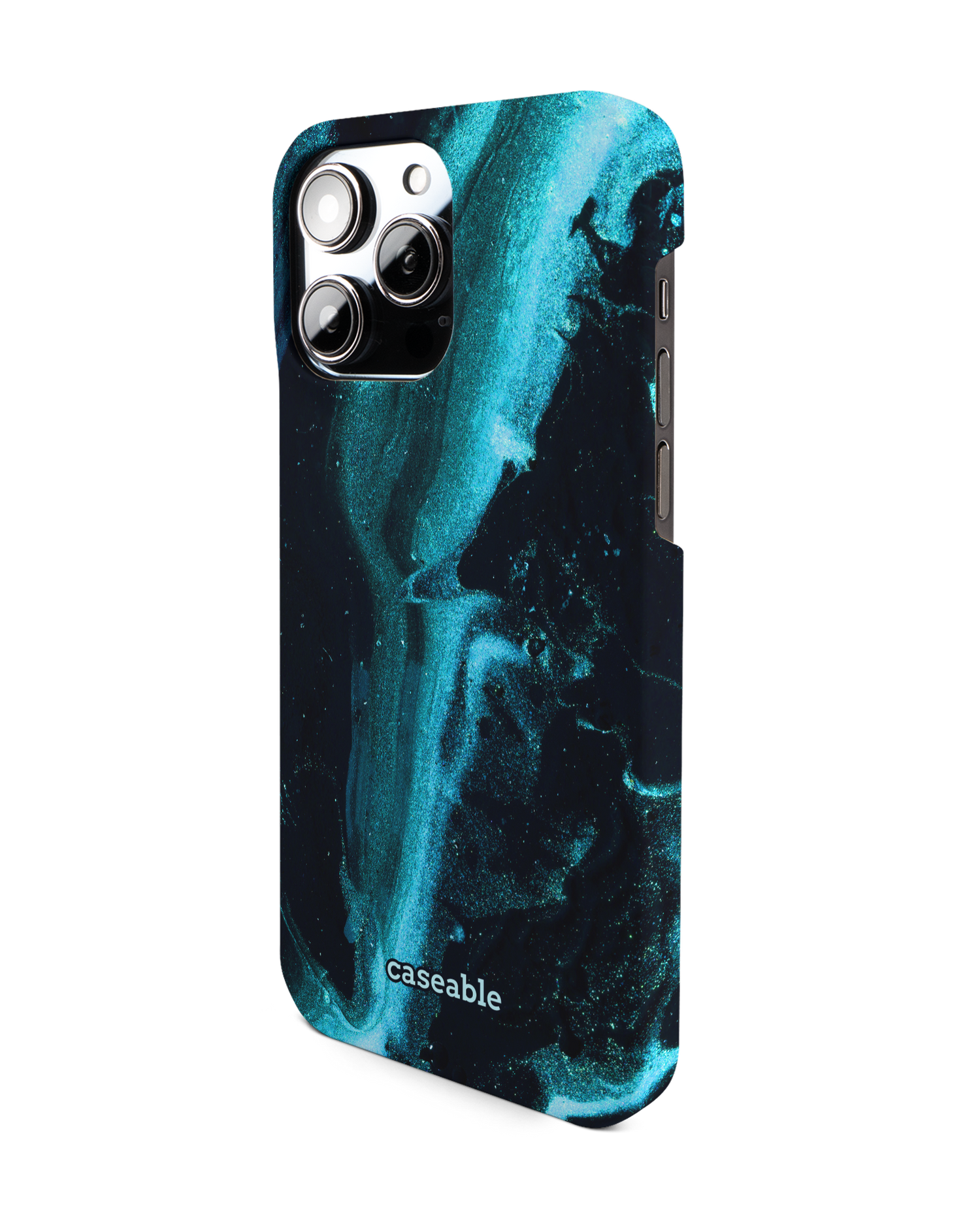 Deep Turquoise Sparkle Hard Shell Phone Case for Apple iPhone 14 Pro Max: View from the right side