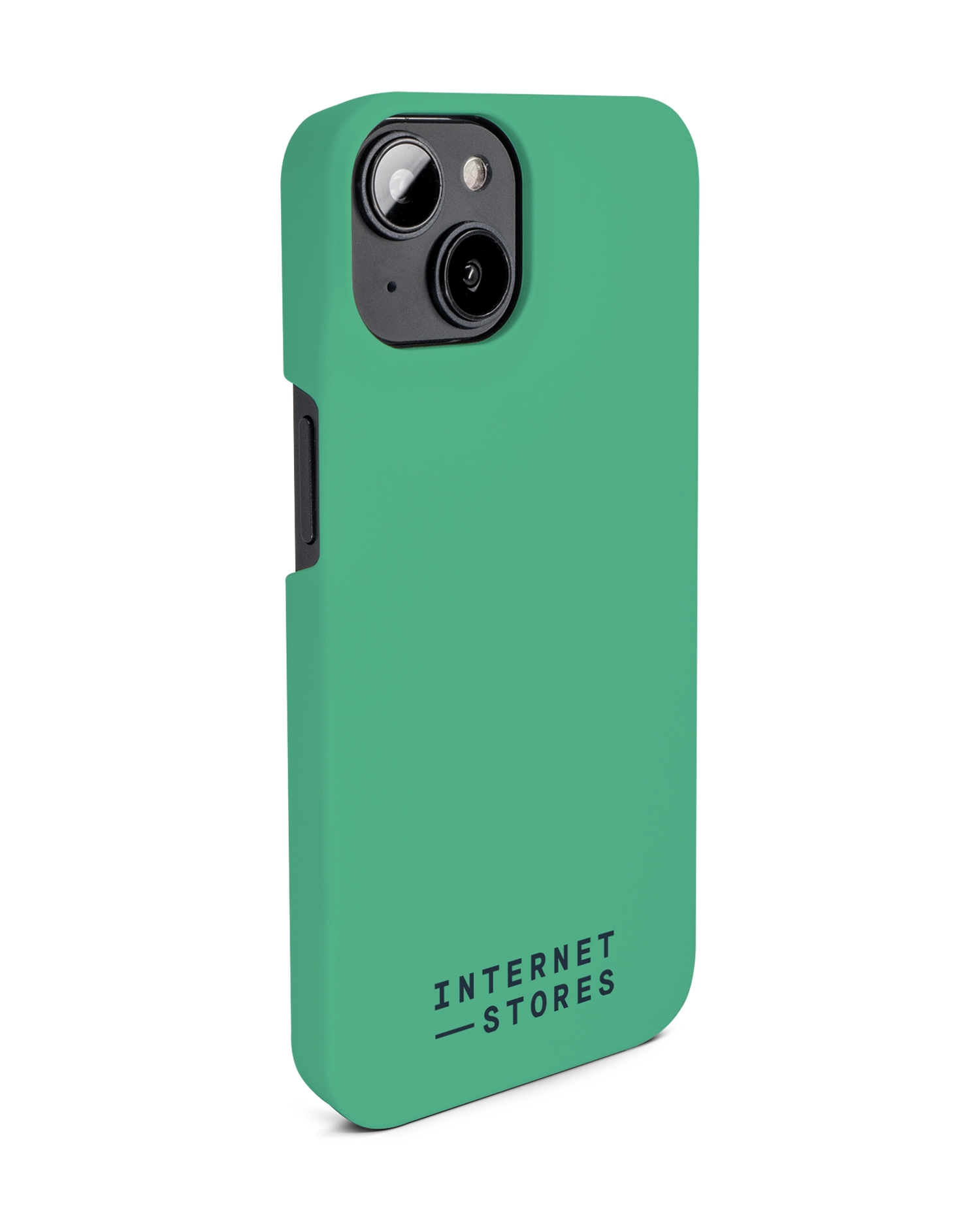 ISG Neon Green Hard Shell Phone Case for Apple iPhone 14: View from the left side