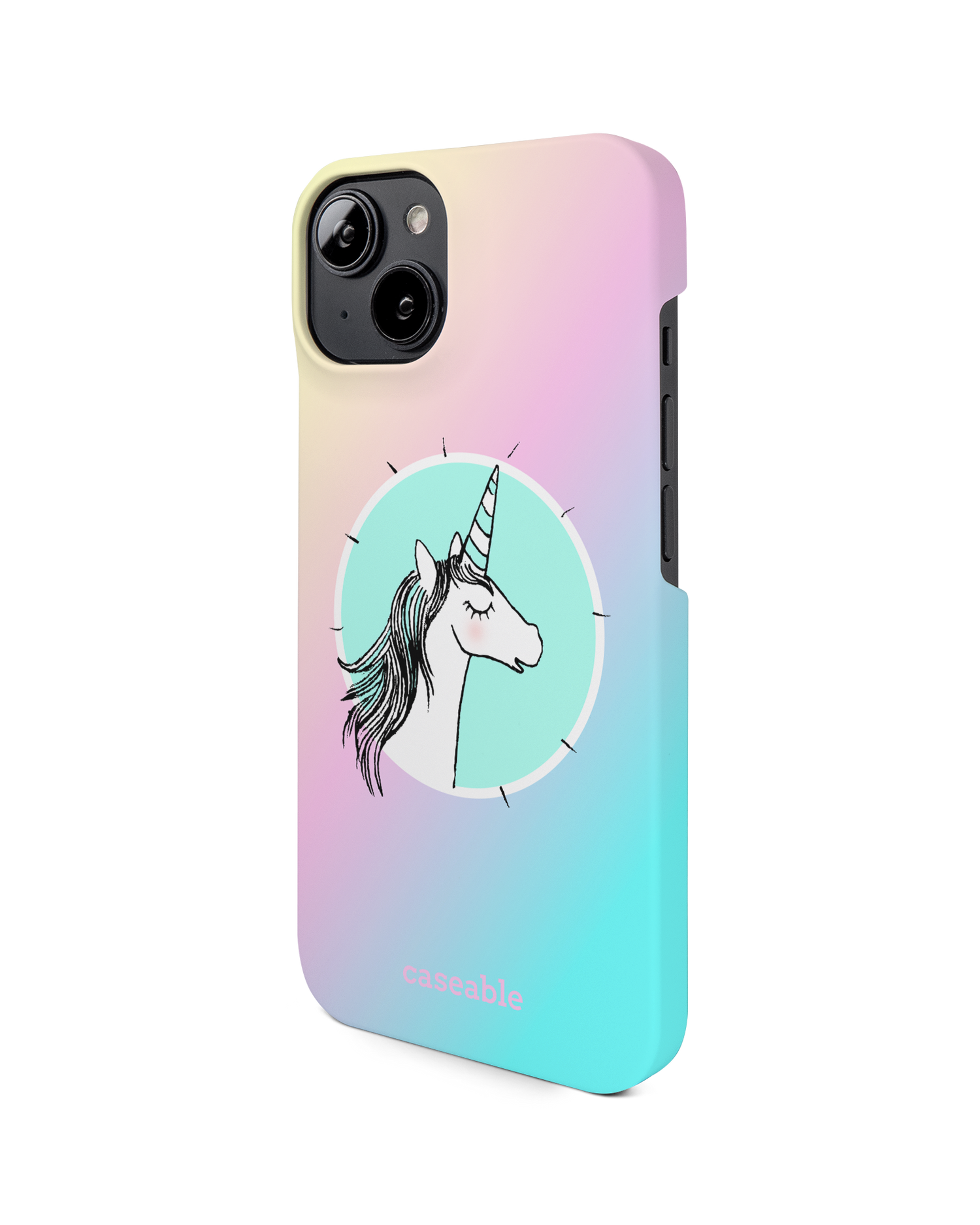 Happiness Unicorn Hard Shell Phone Case for Apple iPhone 14: View from the right side