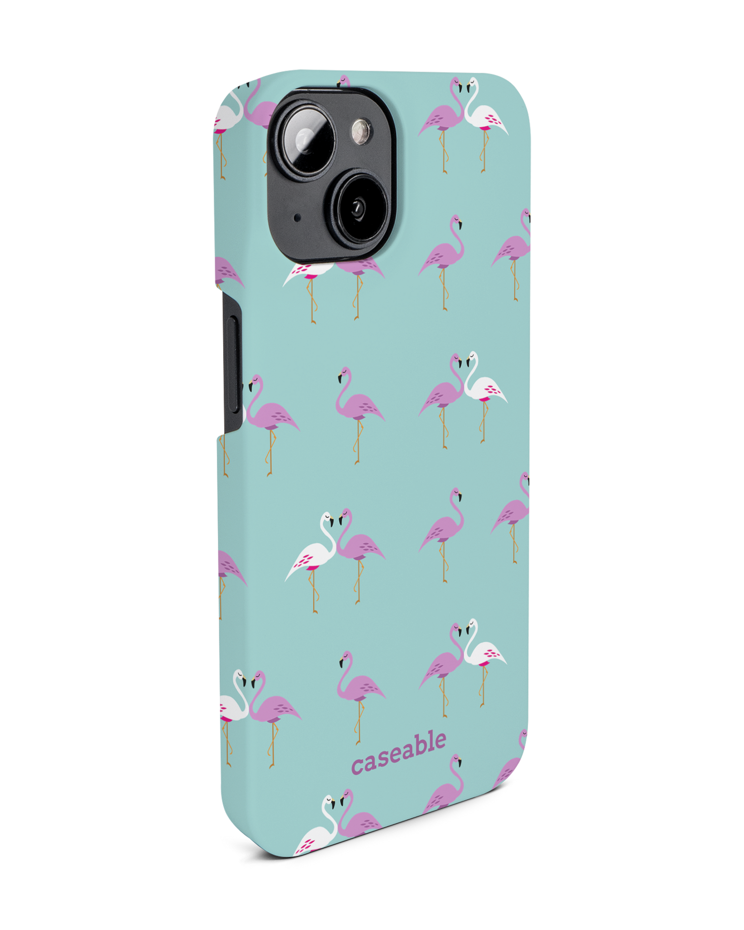 Two Flamingos Hard Shell Phone Case for Apple iPhone 14: View from the left side