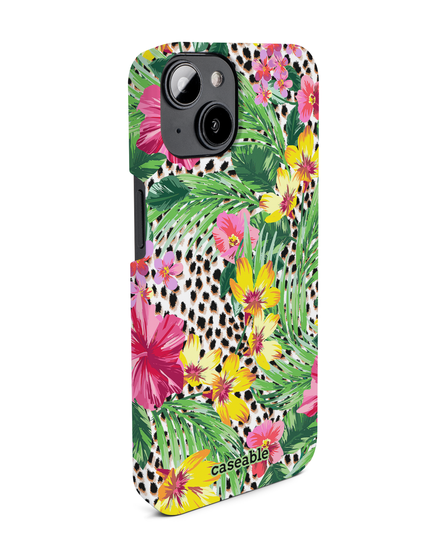Tropical Cheetah Hard Shell Phone Case for Apple iPhone 14: View from the left side