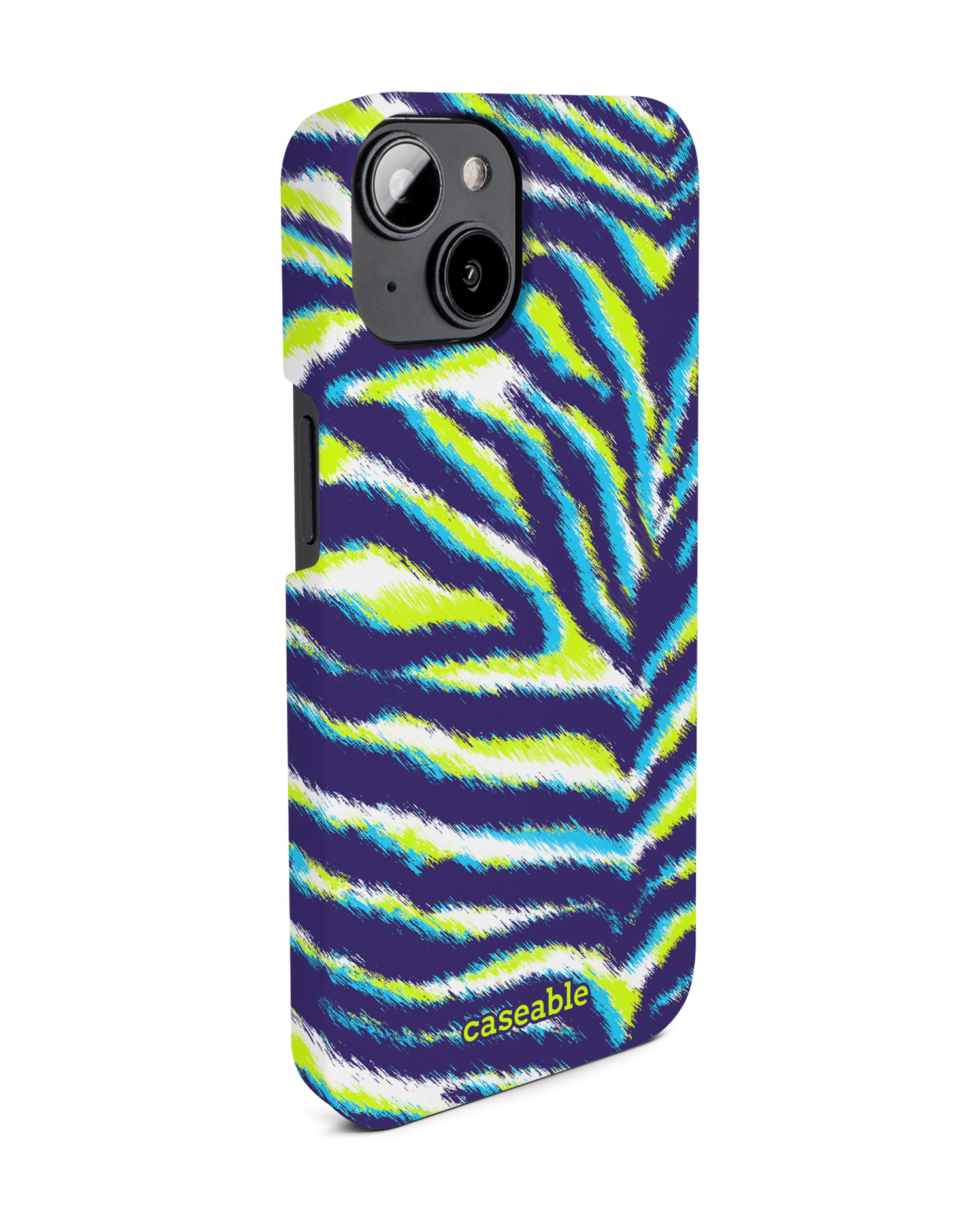 Neon Zebra Hard Shell Phone Case for Apple iPhone 14: View from the left side