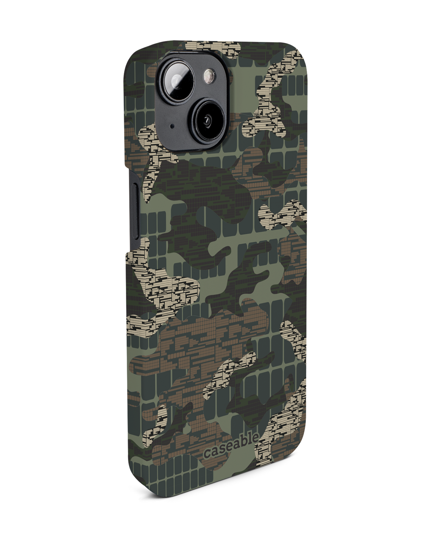Green Camo Mix Hard Shell Phone Case for Apple iPhone 14: View from the left side