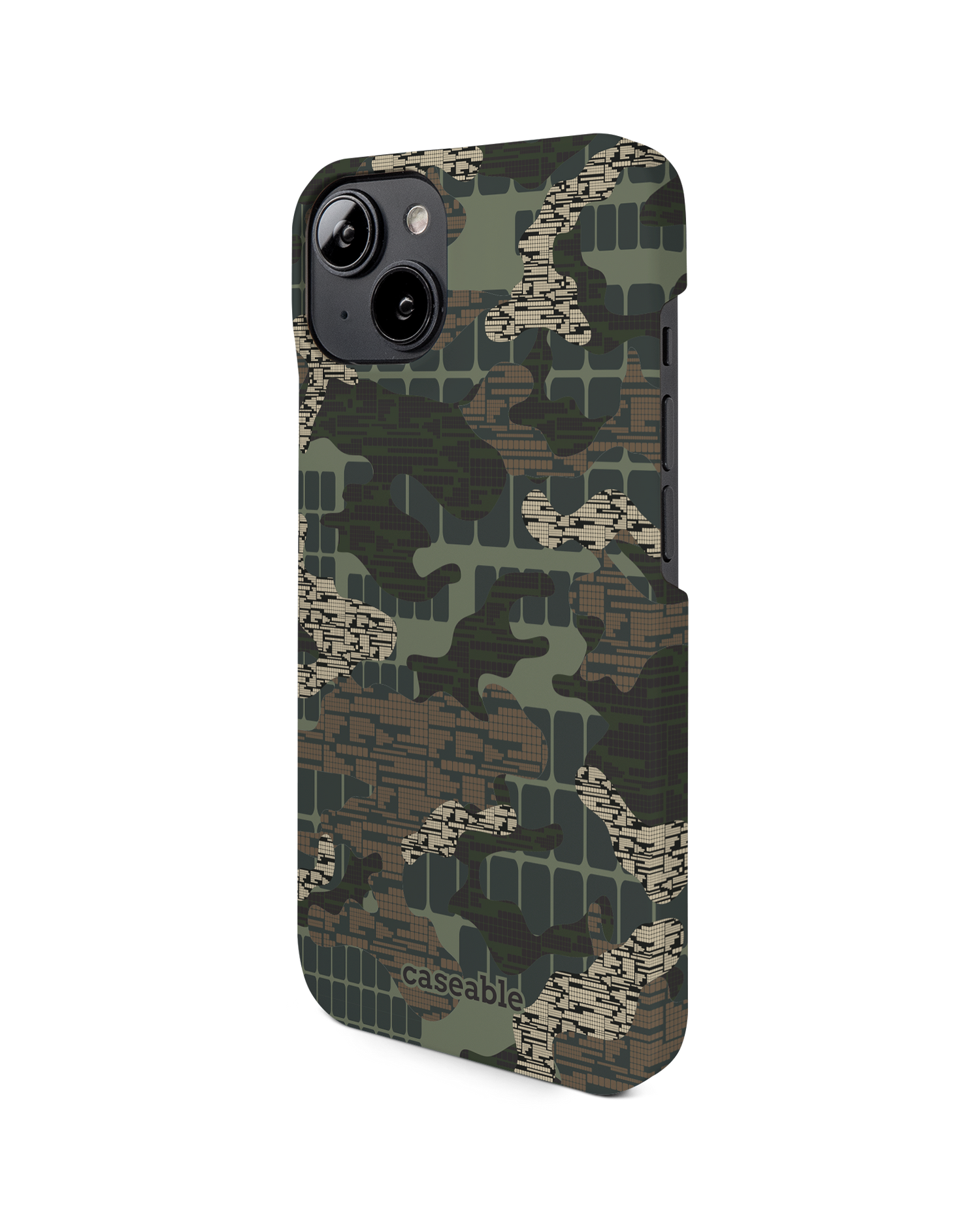 Green Camo Mix Hard Shell Phone Case for Apple iPhone 14: View from the right side