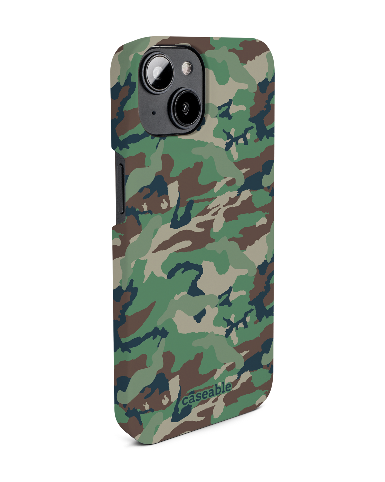 Green and Brown Camo Hard Shell Phone Case for Apple iPhone 14: View from the left side