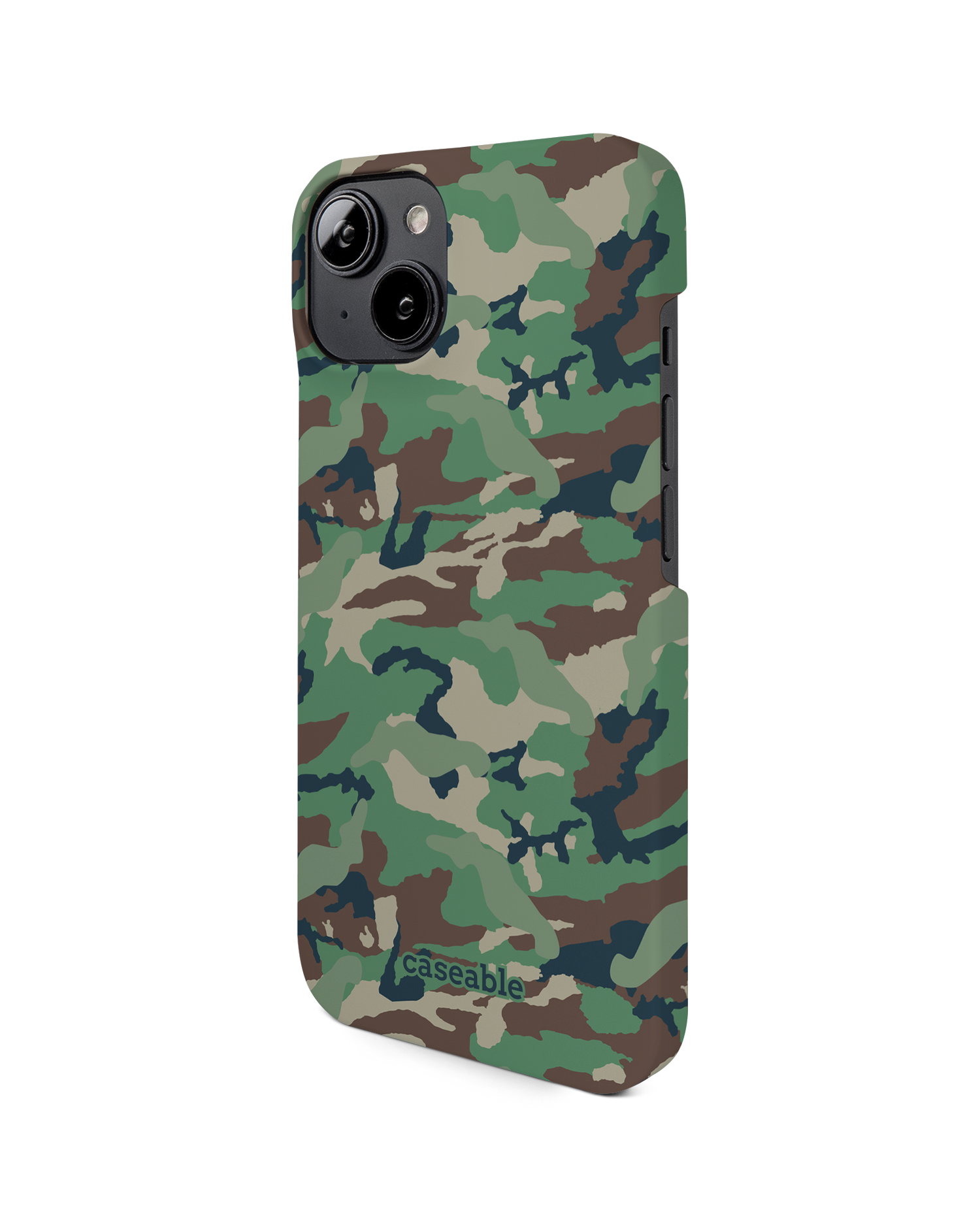 Green and Brown Camo Hard Shell Phone Case for Apple iPhone 14: View from the right side