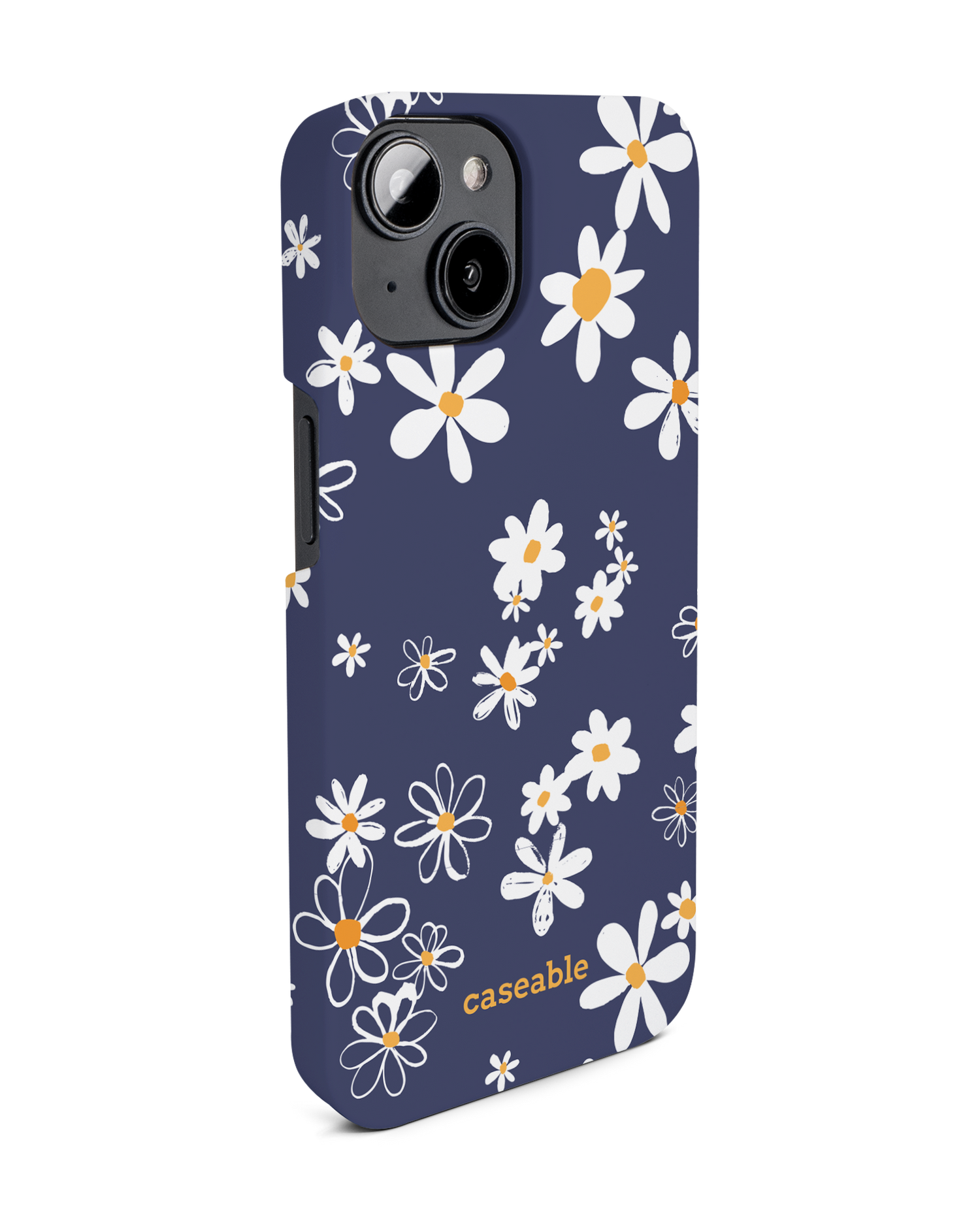 Navy Daisies Hard Shell Phone Case for Apple iPhone 14: View from the left side