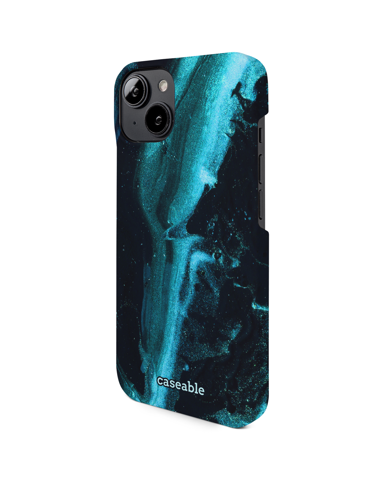 Deep Turquoise Sparkle Hard Shell Phone Case for Apple iPhone 14: View from the right side