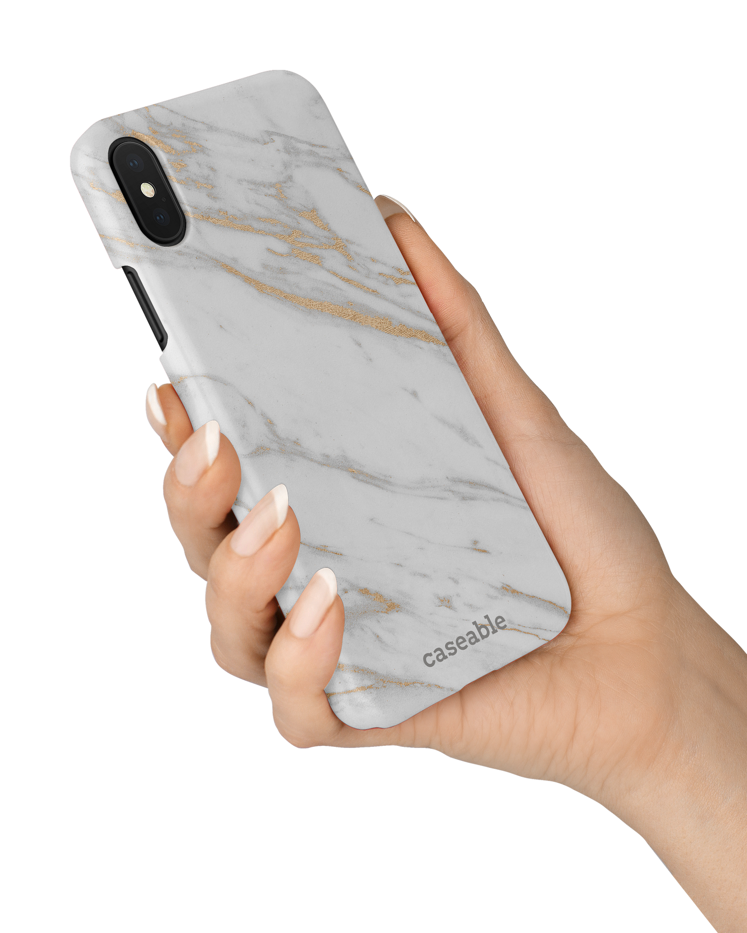 Gold Marble Elegance Hard Shell Phone Case Apple iPhone X, Apple iPhone XS held in hand