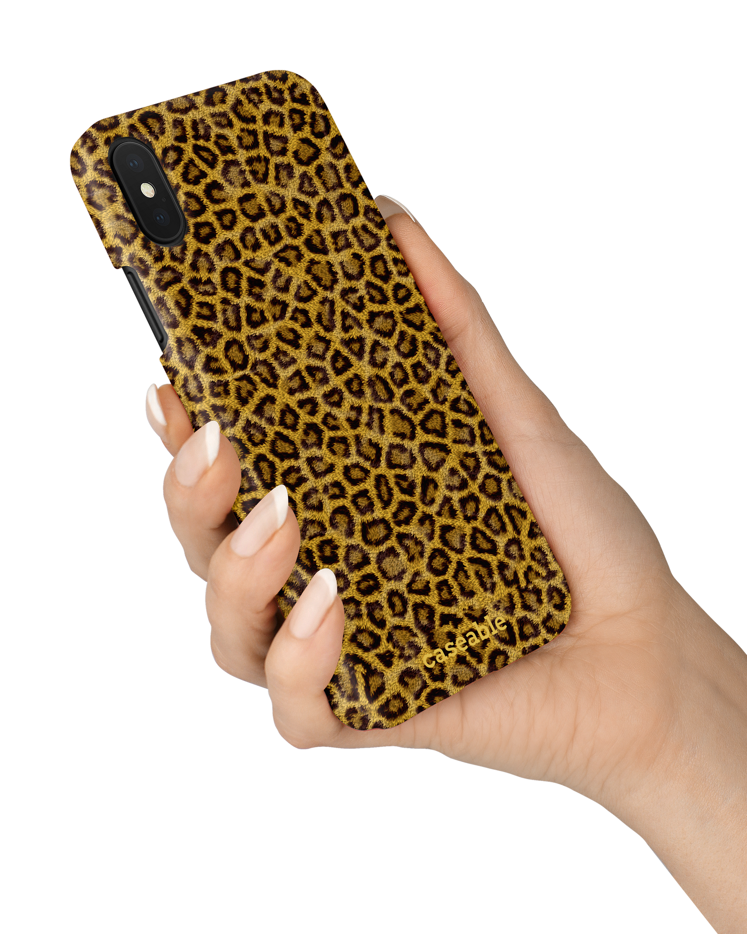 Leopard Skin Hard Shell Phone Case Apple iPhone X, Apple iPhone XS held in hand