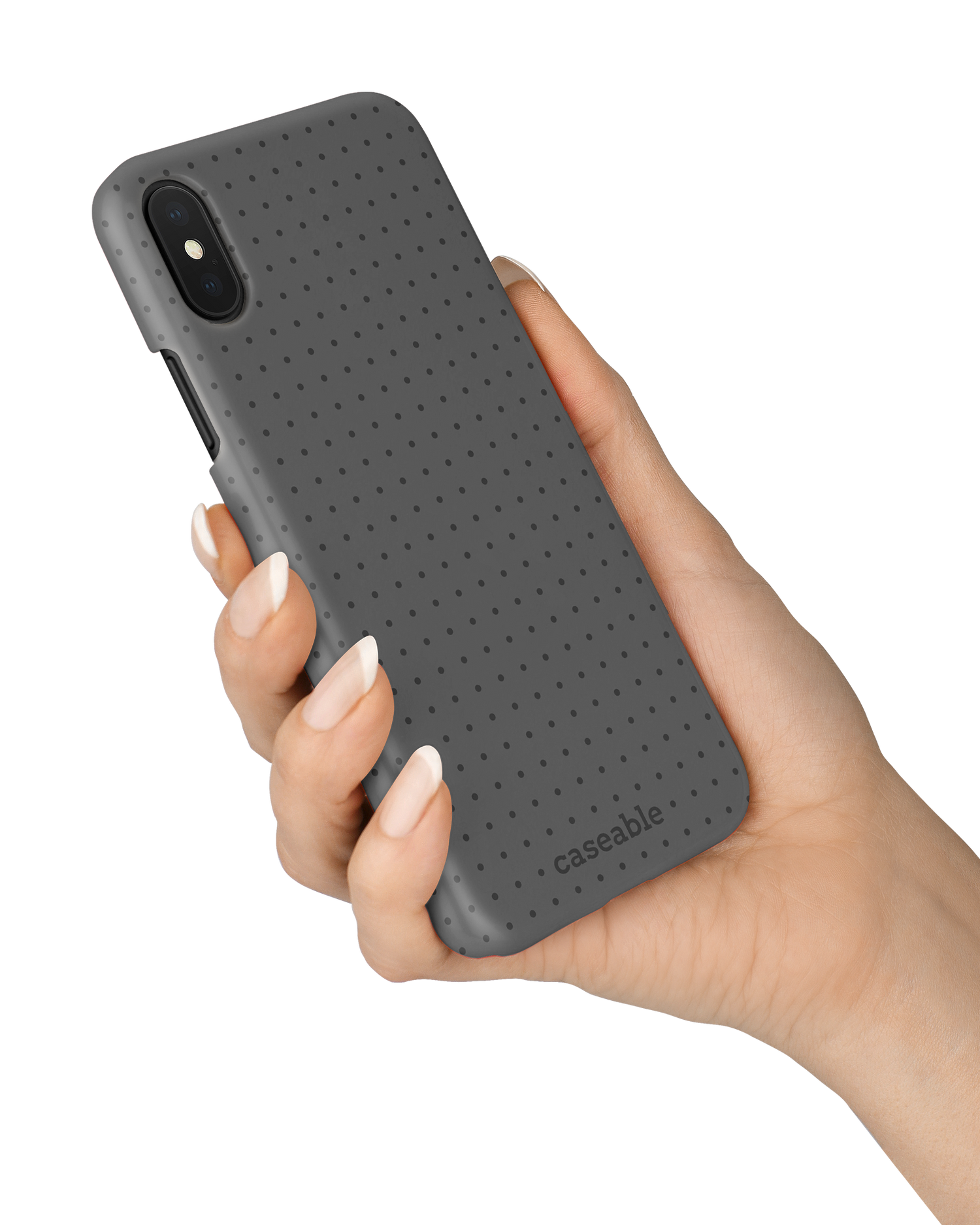 Dot Grid Grey Hard Shell Phone Case Apple iPhone X, Apple iPhone XS held in hand