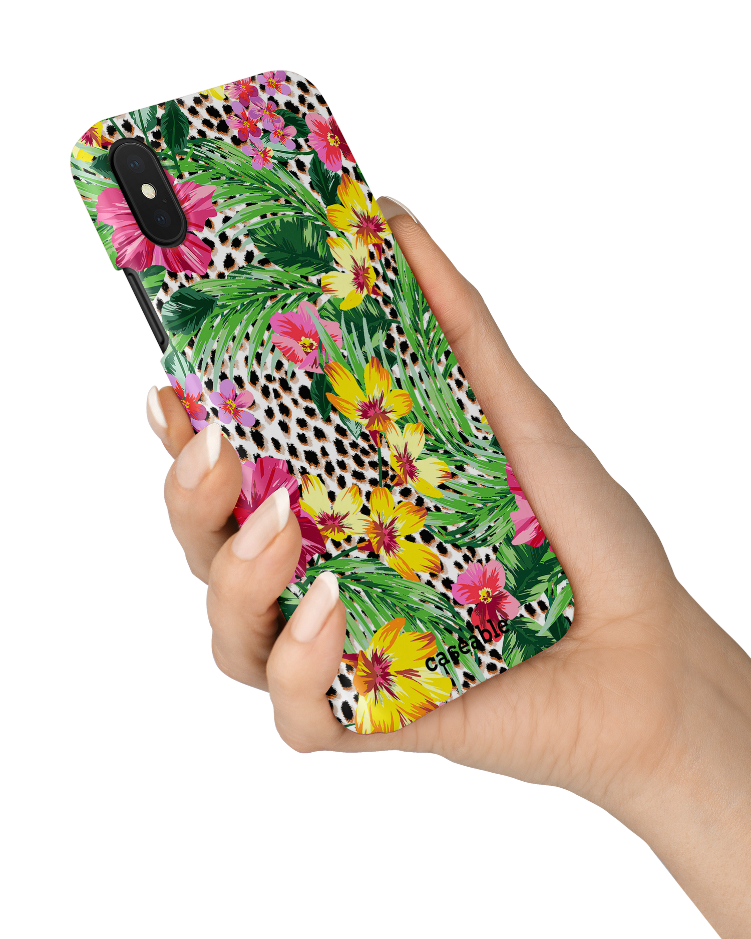 Tropical Cheetah Hard Shell Phone Case Apple iPhone X, Apple iPhone XS held in hand