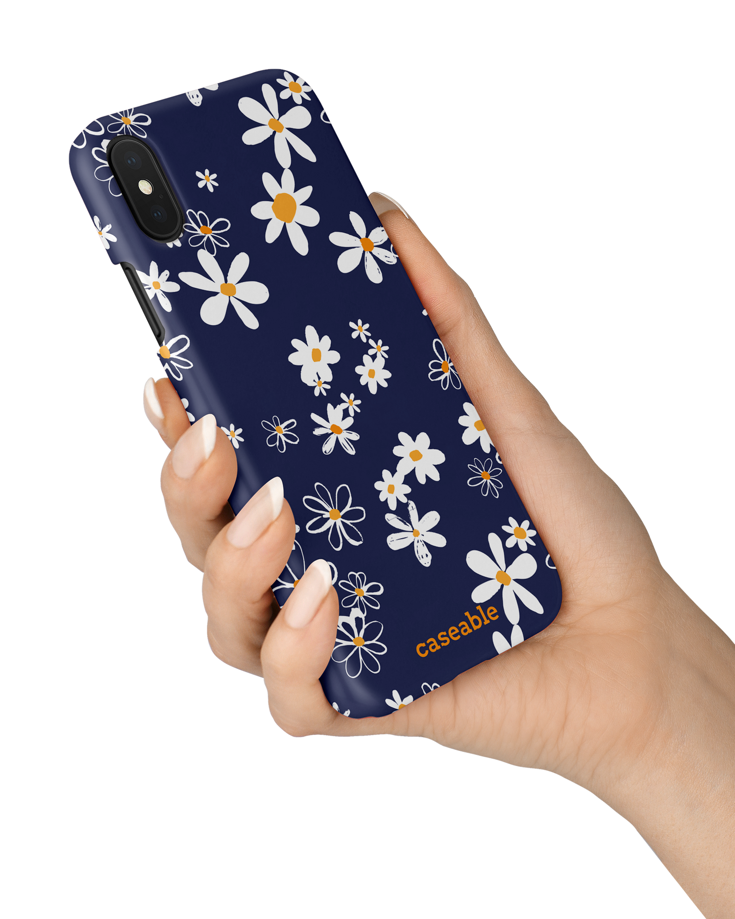 Navy Daisies Hard Shell Phone Case Apple iPhone X, Apple iPhone XS held in hand