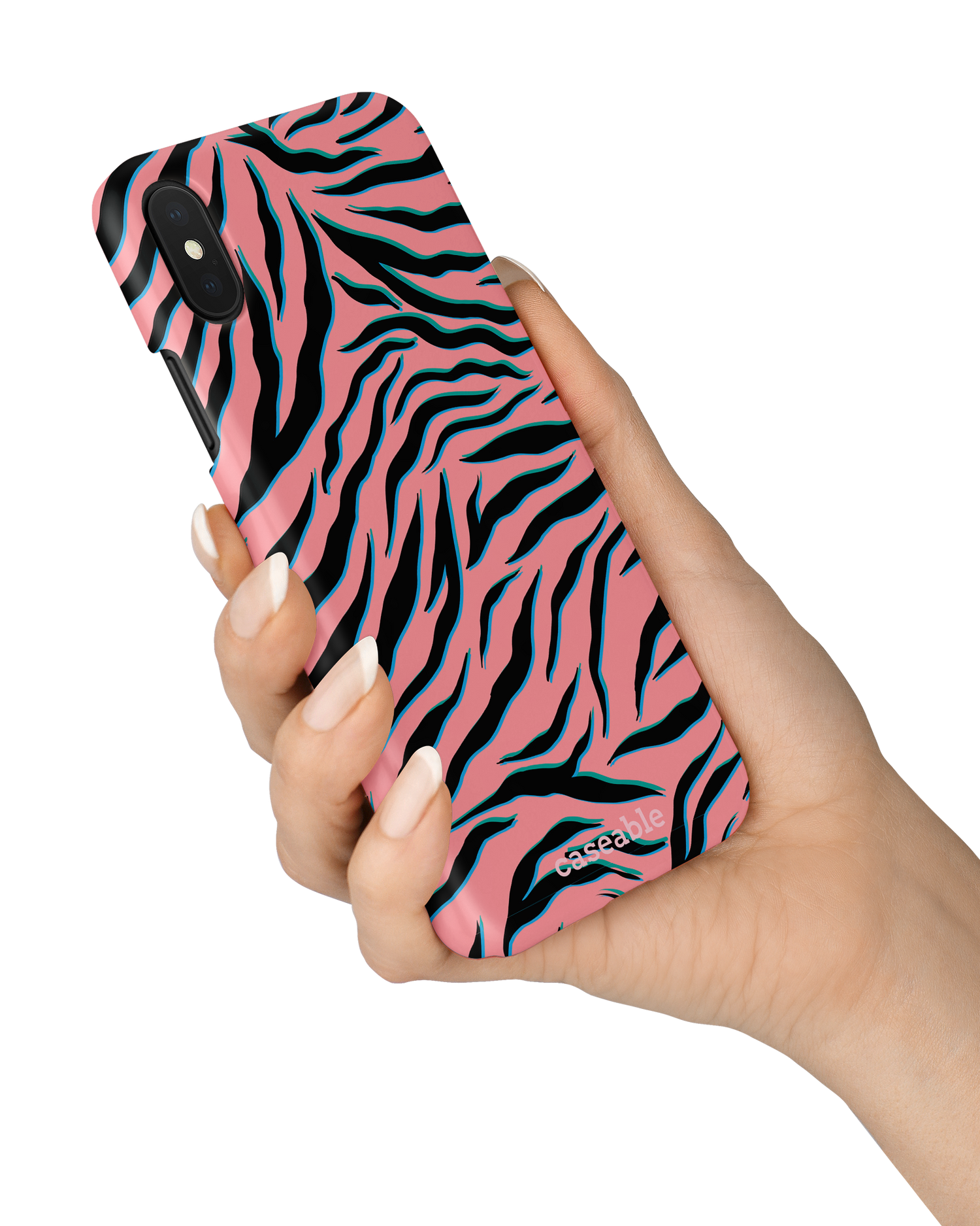 Pink Zebra Hard Shell Phone Case Apple iPhone X, Apple iPhone XS held in hand
