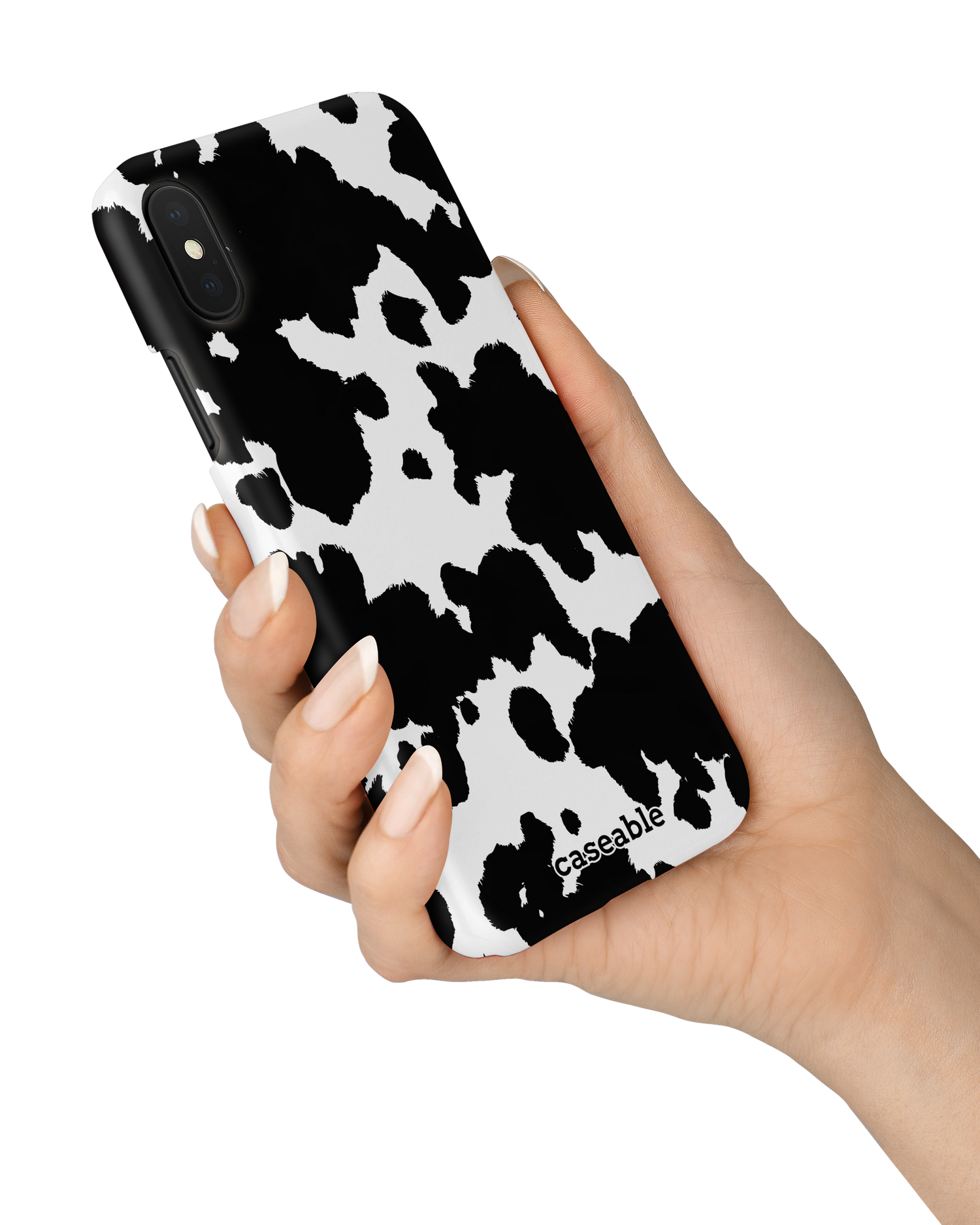 Cow Print Hard Shell Phone Case Apple iPhone X, Apple iPhone XS held in hand