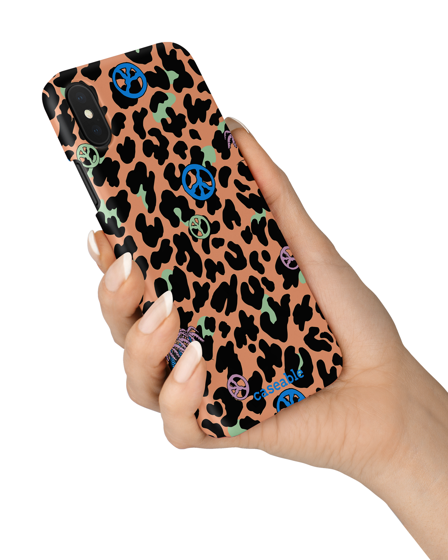 Leopard Peace Palms Hard Shell Phone Case Apple iPhone X, Apple iPhone XS held in hand