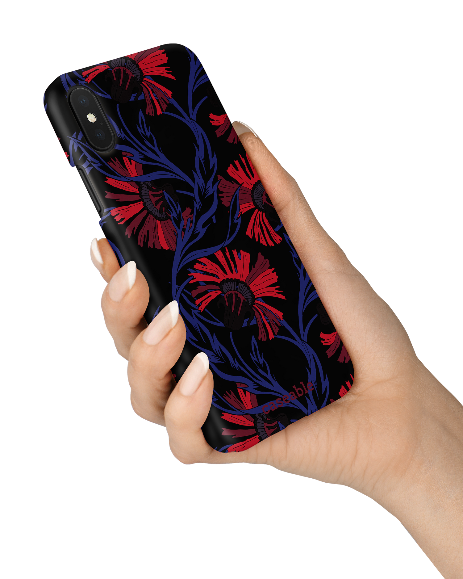 Midnight Floral Hard Shell Phone Case Apple iPhone X, Apple iPhone XS held in hand