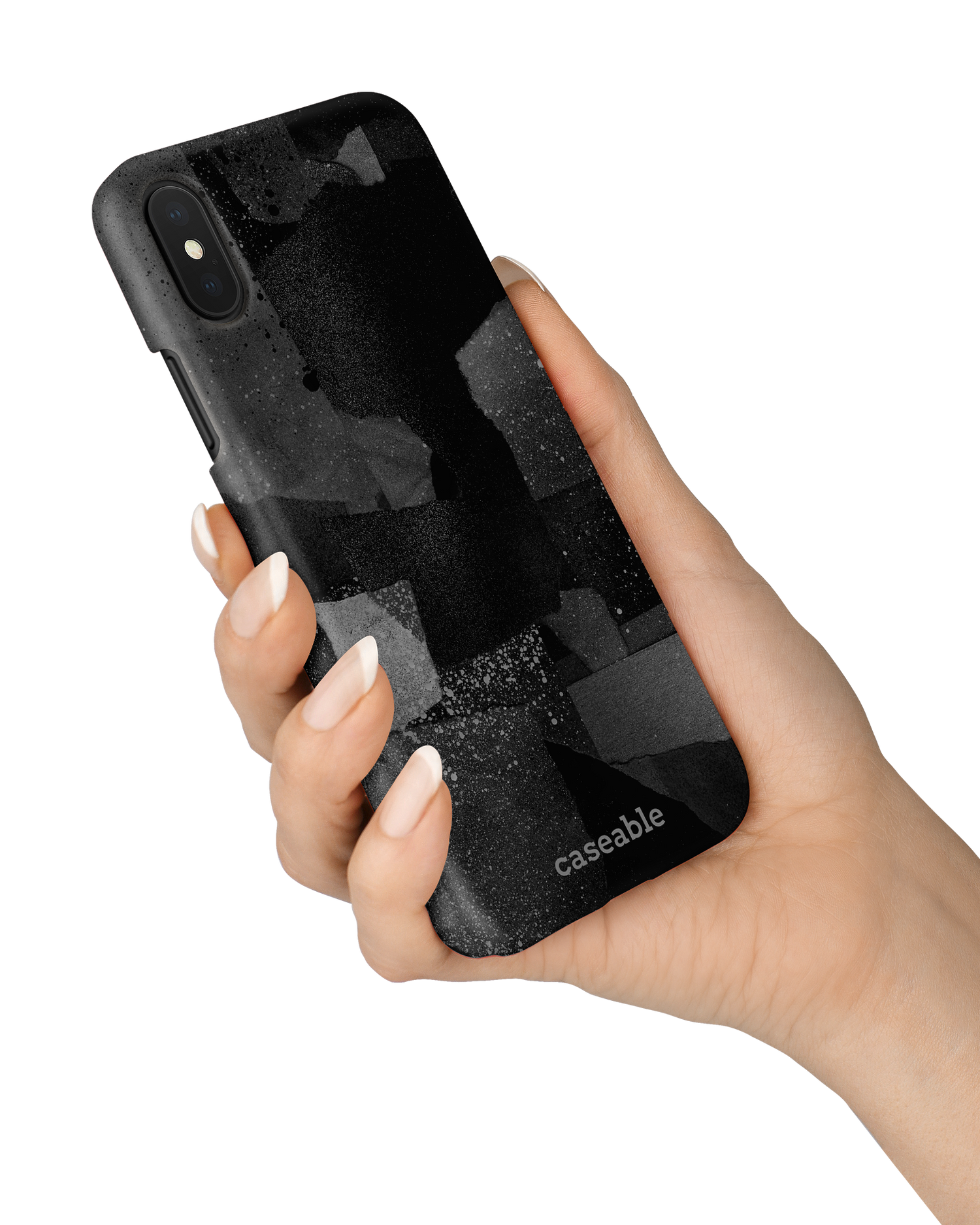 Torn Paper Collage Hard Shell Phone Case Apple iPhone X, Apple iPhone XS held in hand
