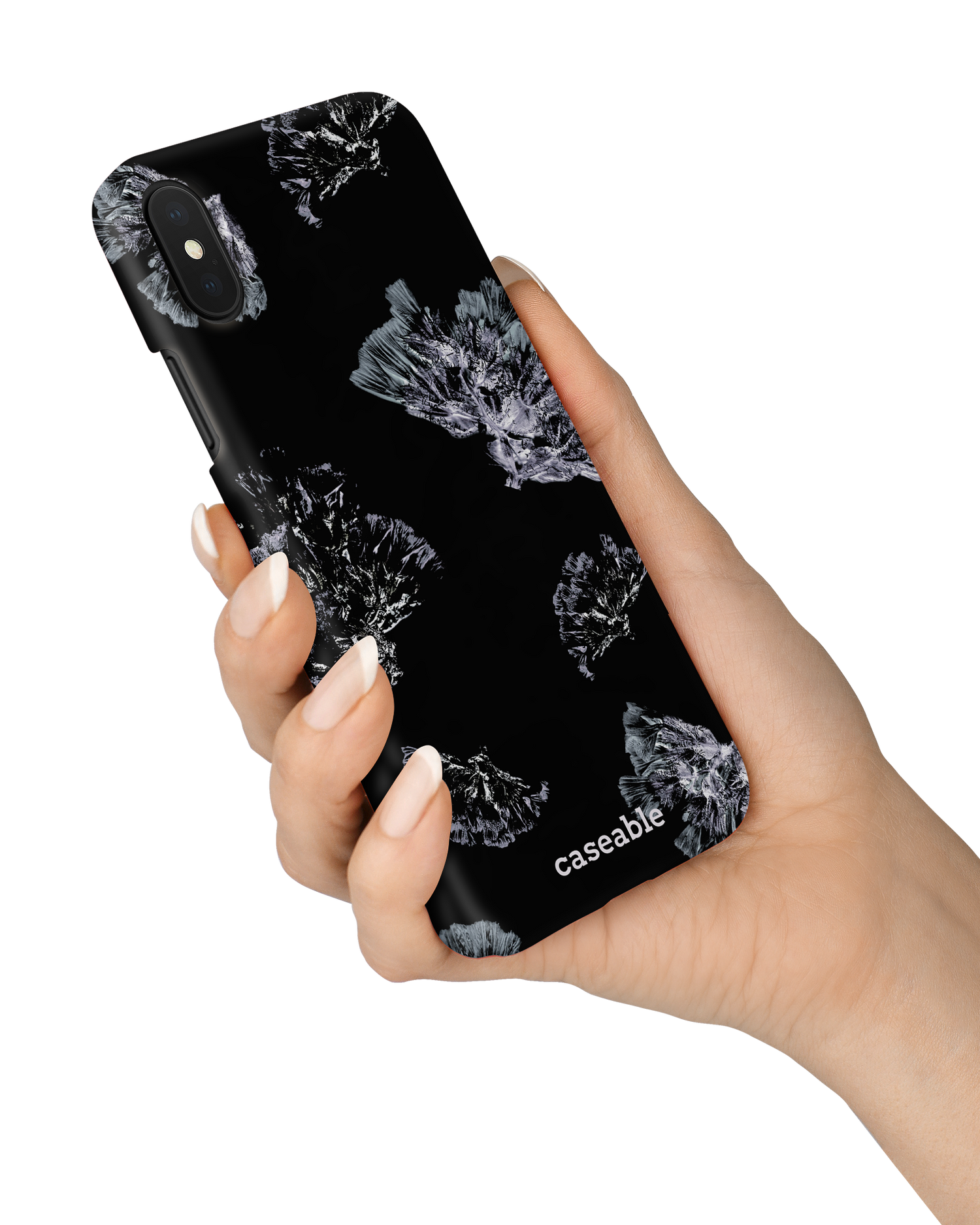 Silver Petals Hard Shell Phone Case Apple iPhone X, Apple iPhone XS held in hand