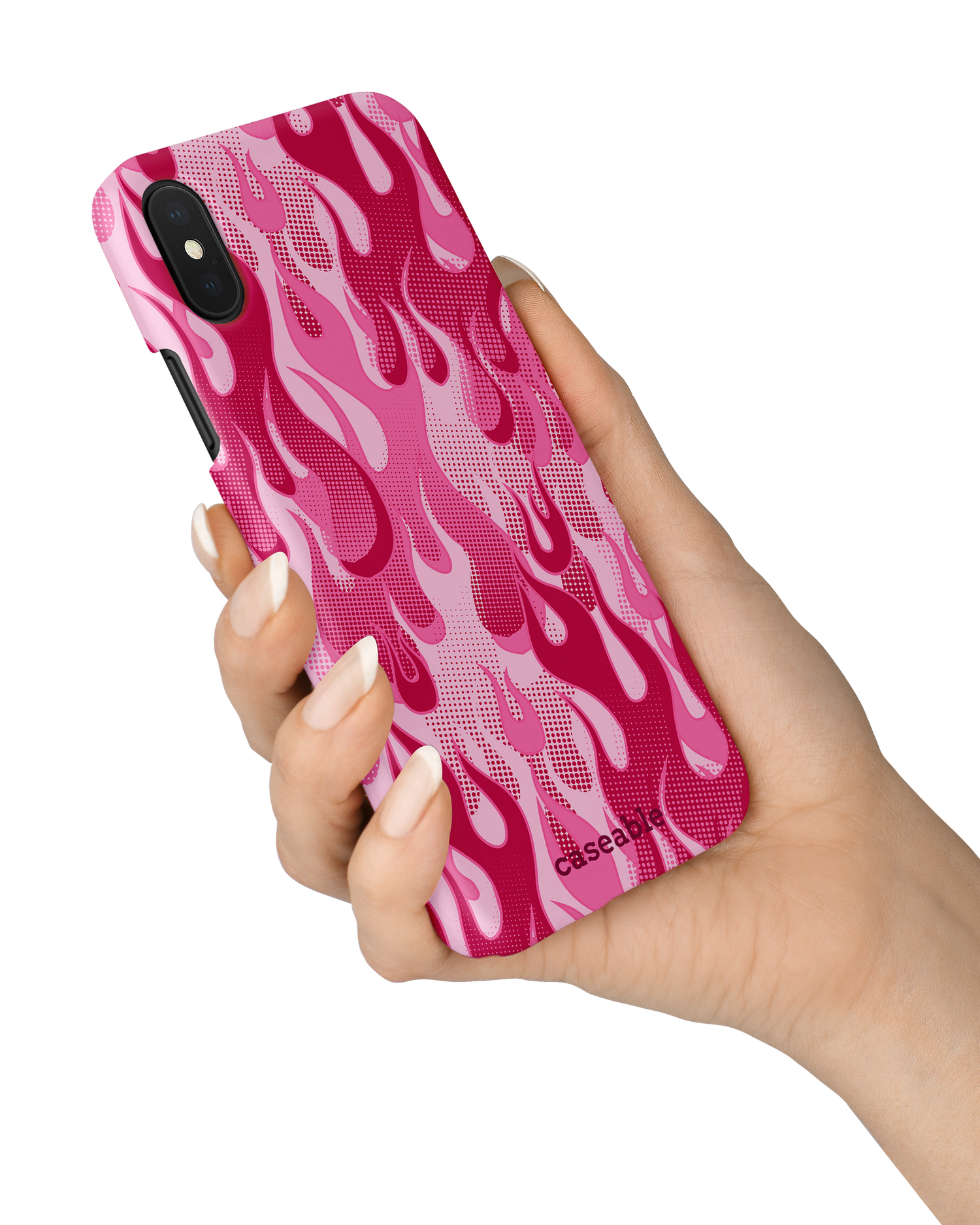 Pink Flames Hard Shell Phone Case Apple iPhone X, Apple iPhone XS held in hand